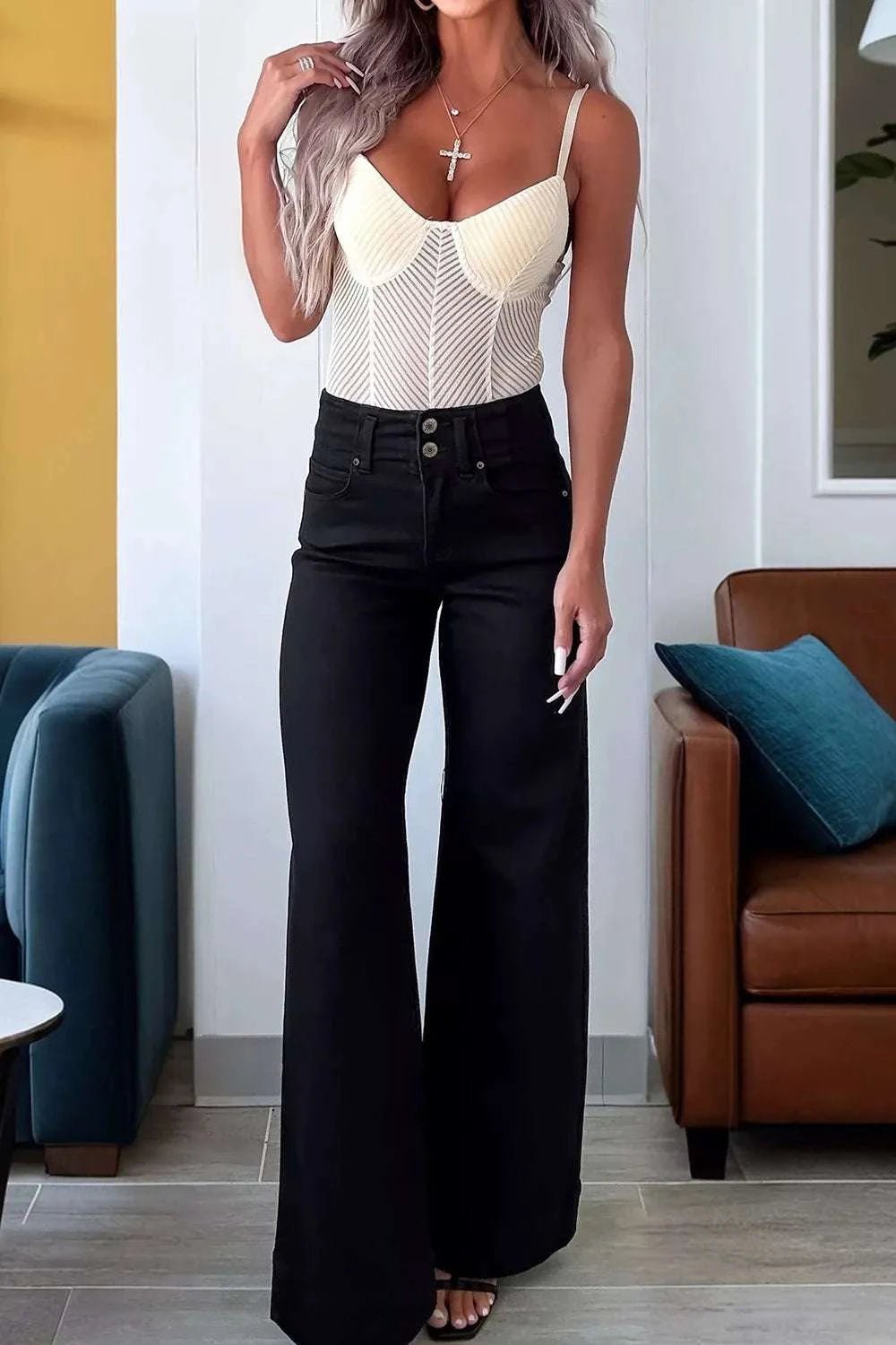 2-Button High Waist Flared Bottom Jeans - GlowUp Garments