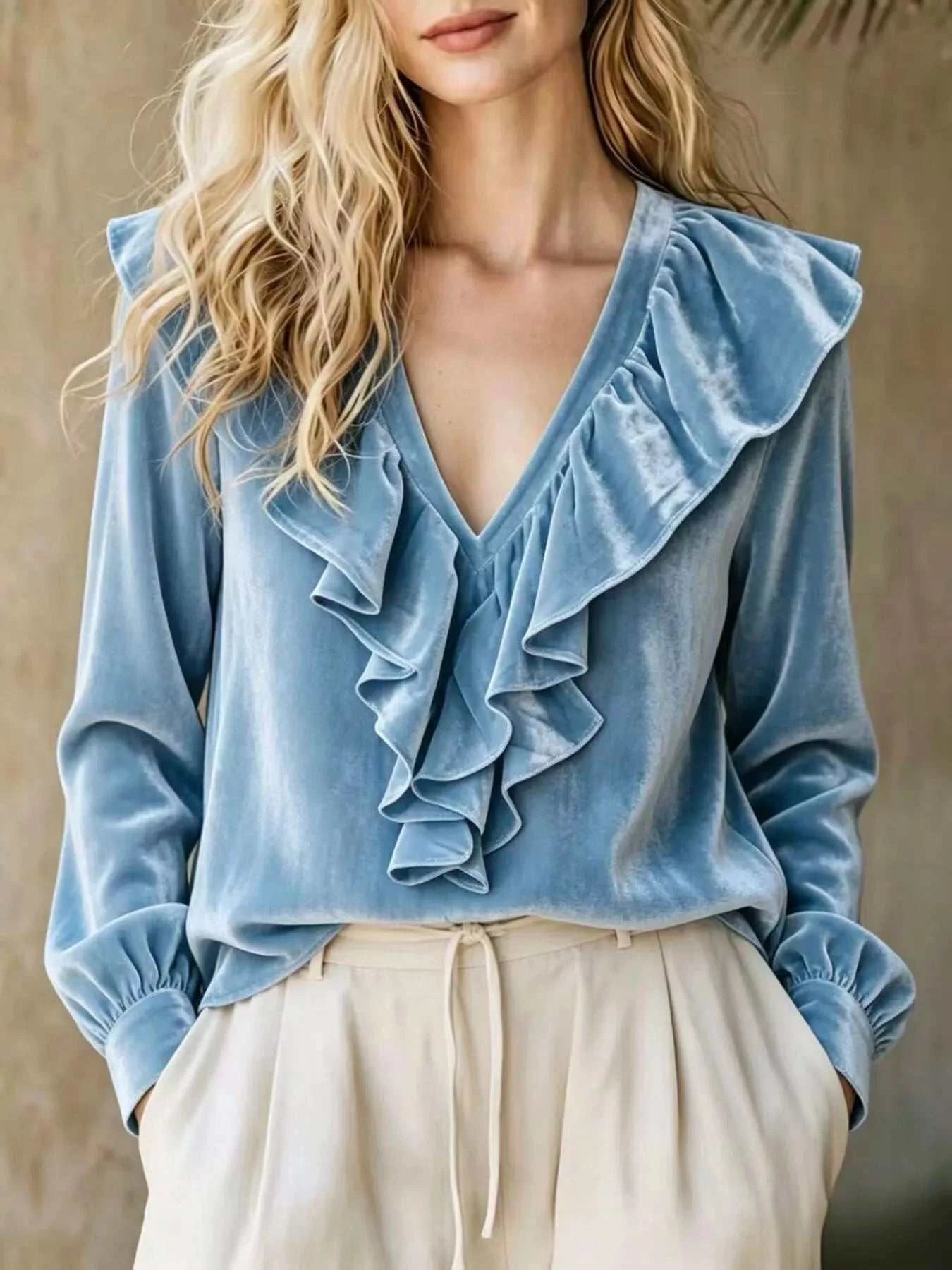 Full Size Ruffled V-Neck Long Sleeve Blouse Plus Size - GlowUp Garments