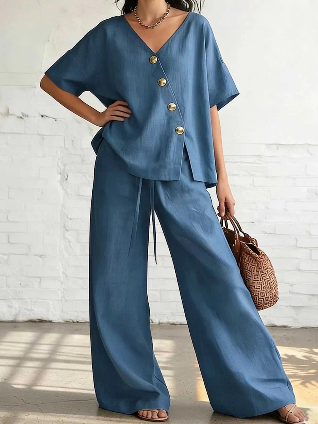 Full Size Surplice Half Sleeve Top and Wide-Leg Pants Set Plus Size - GlowUp Garments