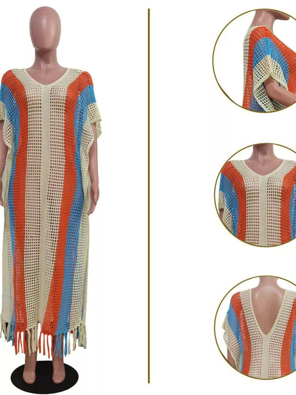 Striped Crochet Cover-Up Dress with Fringe - GlowUp Garments