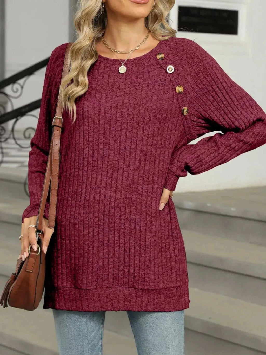 Round Neck Side Slit Ribbed Knit Top with Asymmetric Button Detail - GlowUp Garments