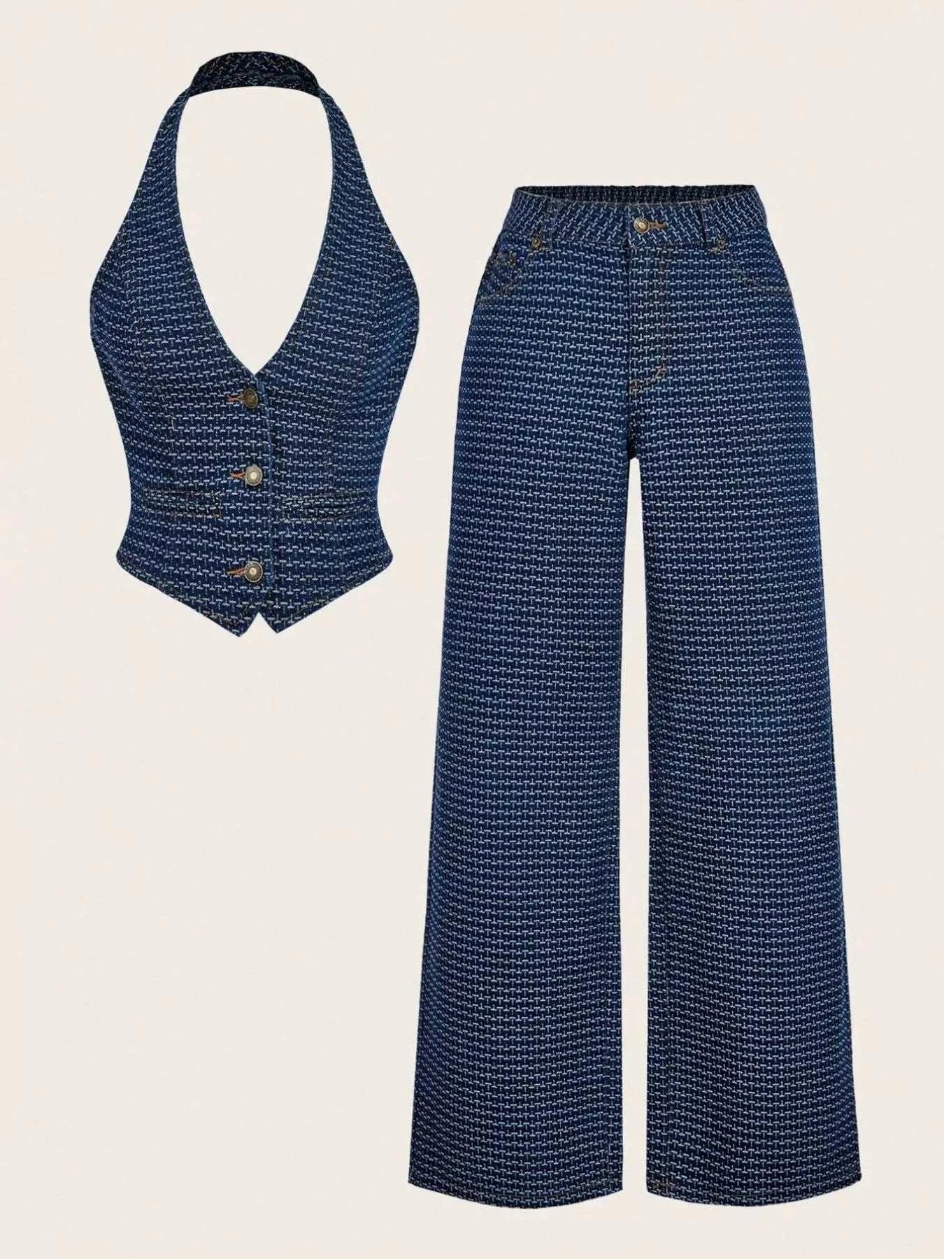 Halter Neck Denim Vest and Wide-Leg Jeans Set - GlowUp Garments