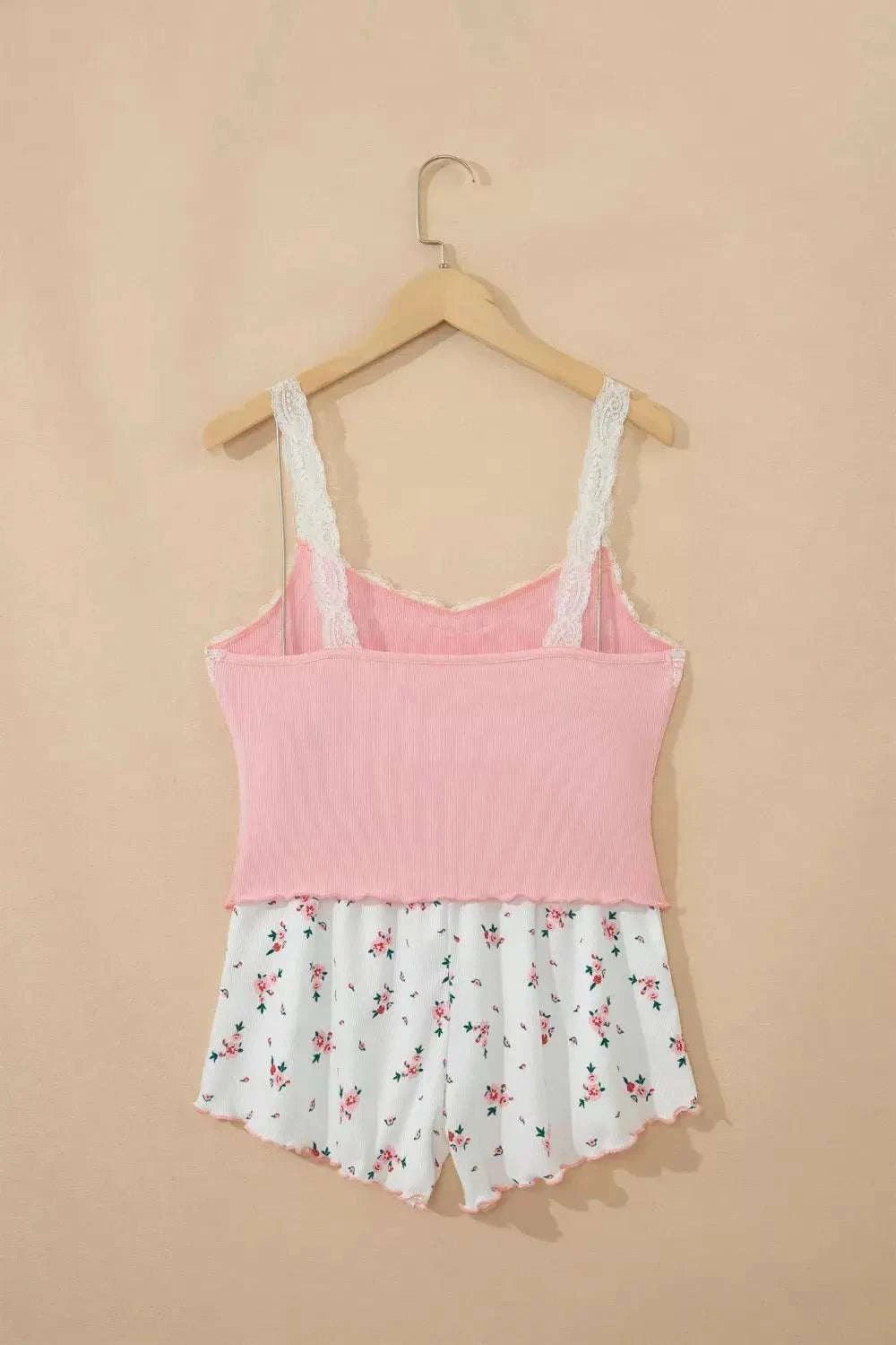 Ribbed Knit Lace Straps Patchwork Lettuce Hem Cropped Top Floral Short Lounge Set - GlowUp Garments