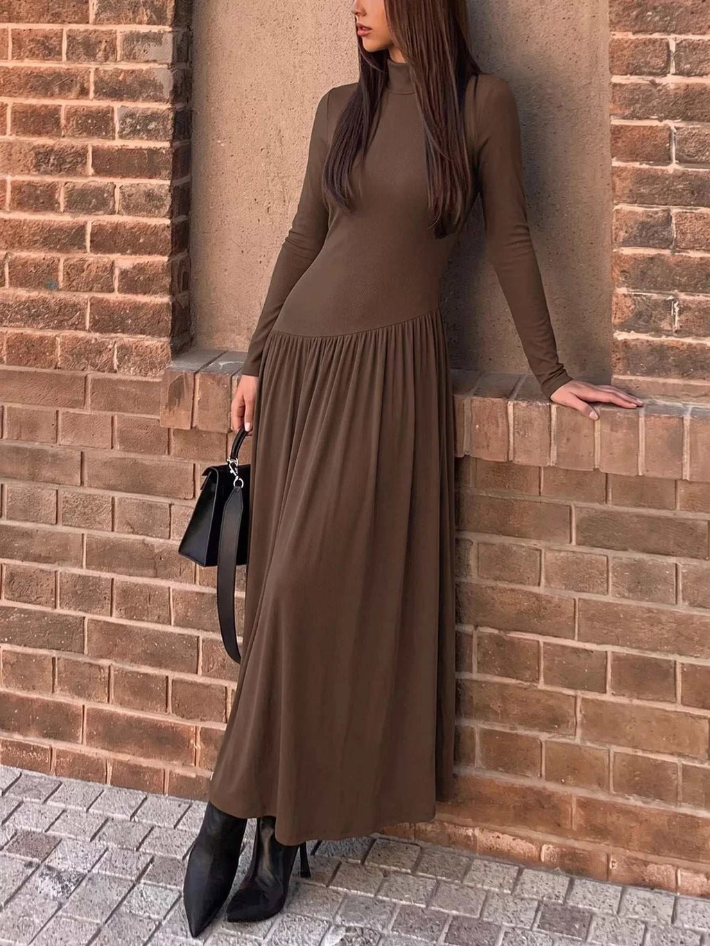 Mock Neck Long Sleeve Midi Dress - GlowUp Garments