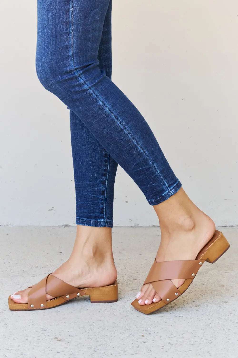 Weeboo Step Into Summer Criss Cross Wooden Clog Mule in Brown - GlowUp Garments