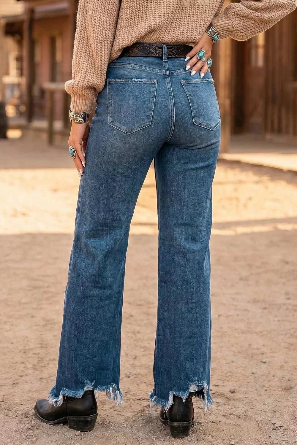 High Waist Frayed Hem Flare Jeans - GlowUp Garments