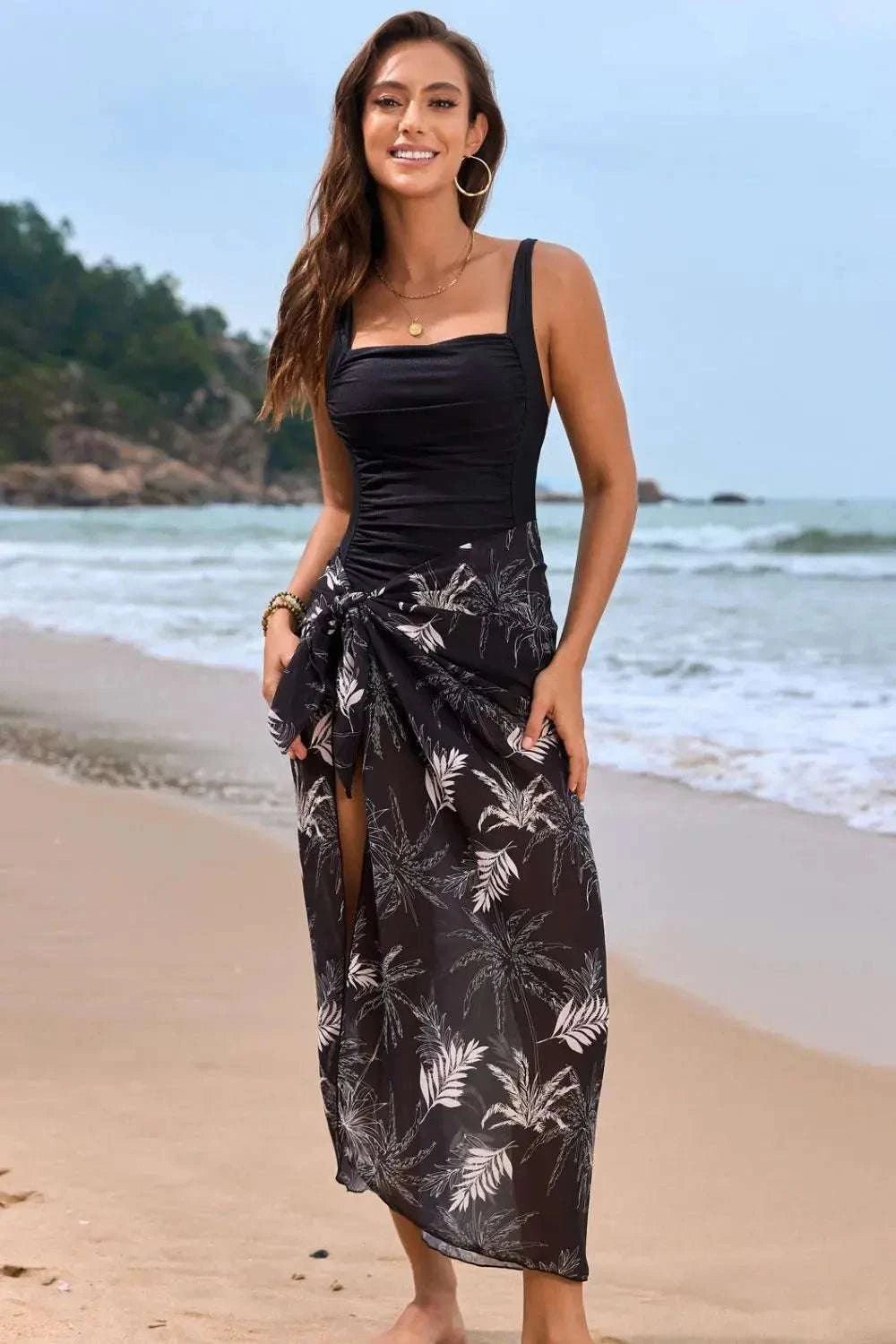 Square Neck Printed One-Piece Swimwear and Cover Up Swim Set - GlowUp Garments