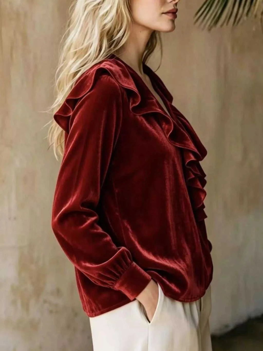 Full Size Ruffled V-Neck Long Sleeve Blouse Plus Size - GlowUp Garments