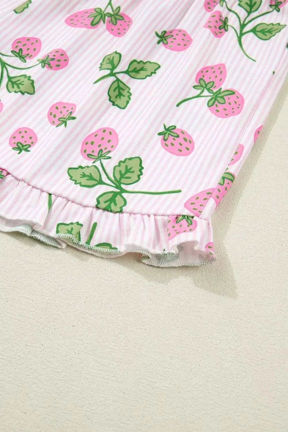 Striped Strawberry Print Lapel Shirt Drawstring Shorts 2pcs Pajama Set - GlowUp Garments