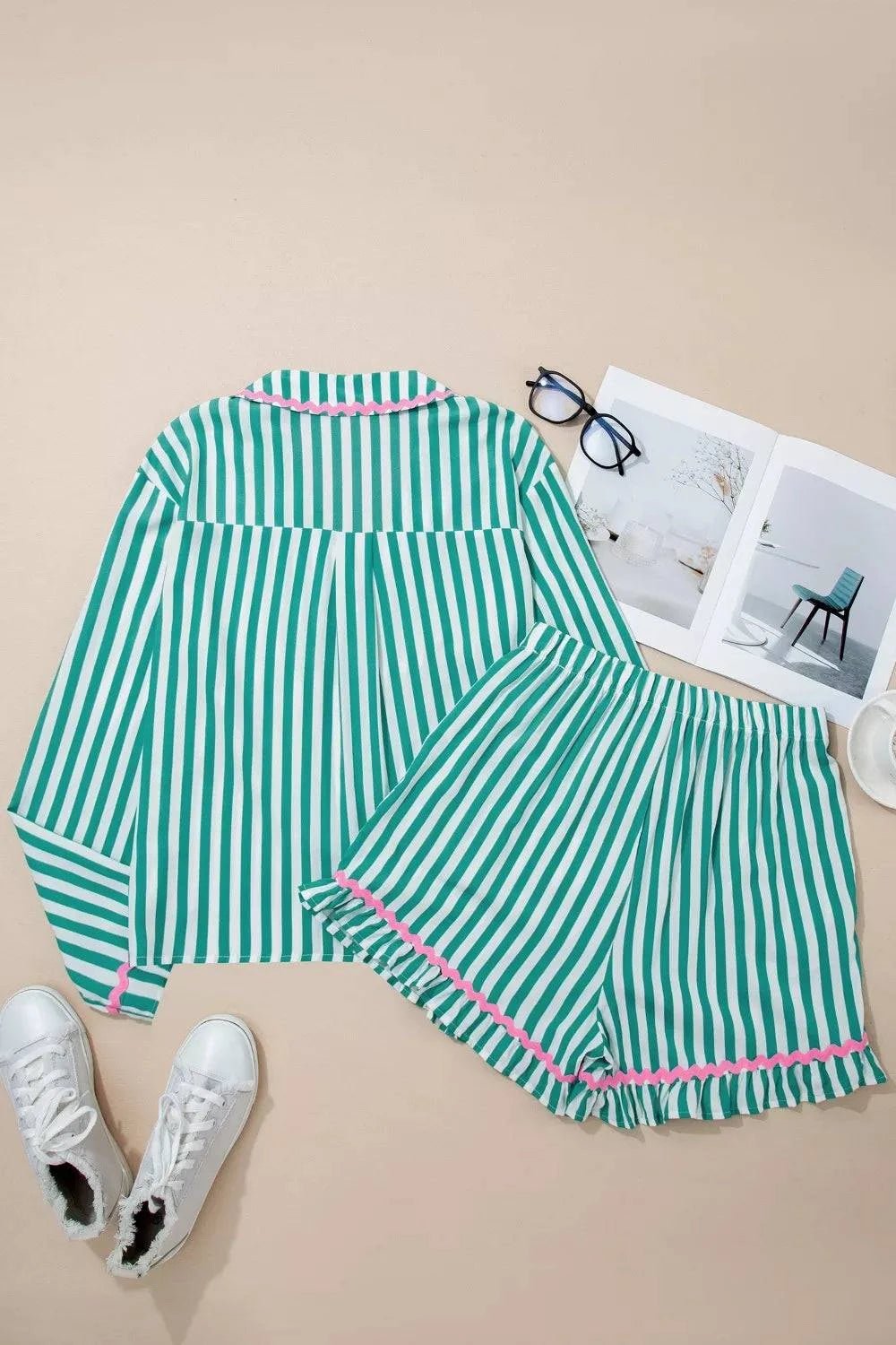 Stripe Contrast Ricrac Trim Long Sleeve Shirt Drawstring Ruffled Pajama Short Set - GlowUp Garments