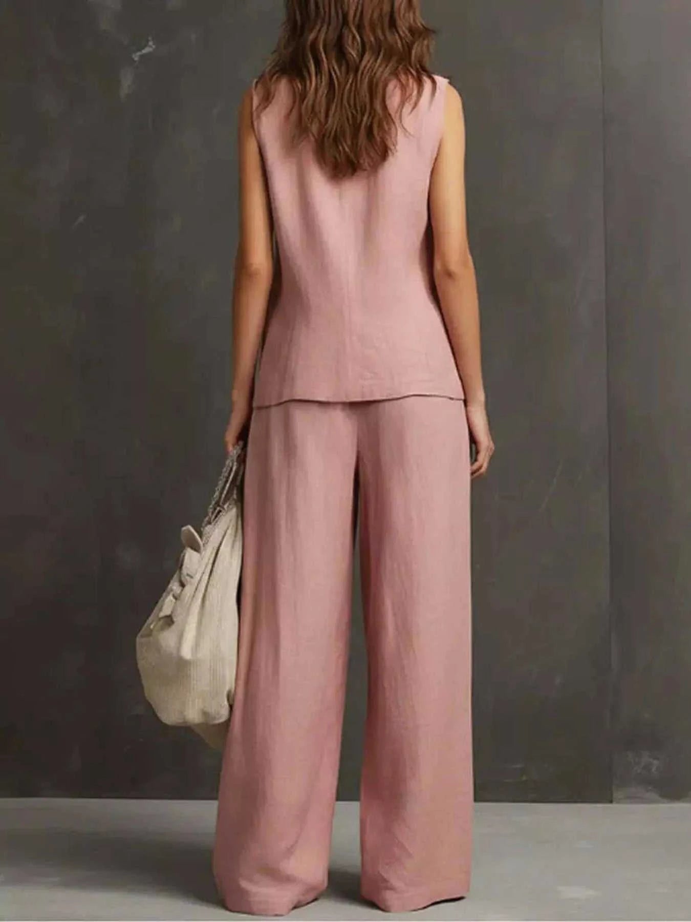 Full Size Sleeveless Vest and Wide-Leg Pants Set Plus SIze - GlowUp Garments
