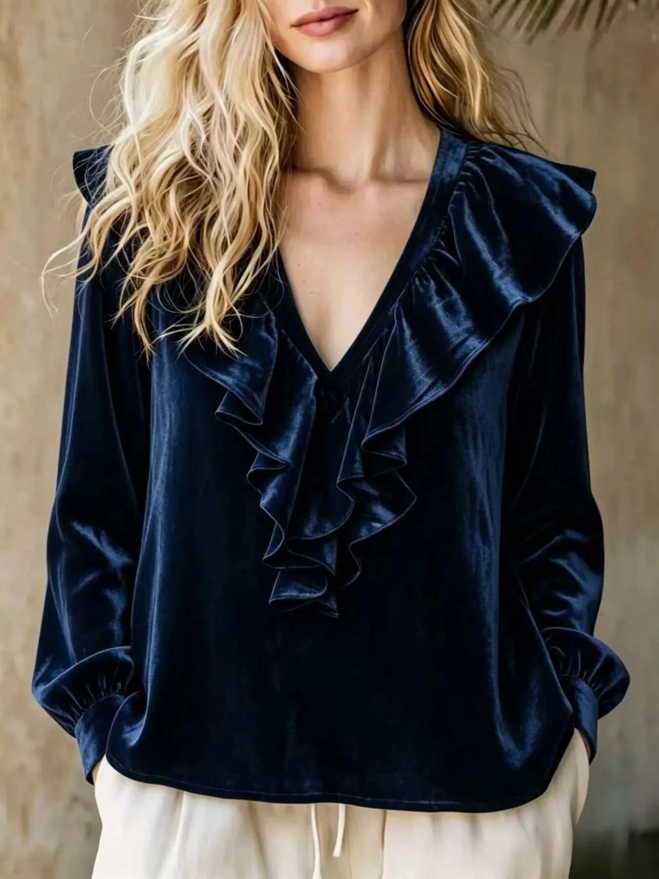Full Size Ruffled V-Neck Long Sleeve Blouse Plus Size - GlowUp Garments