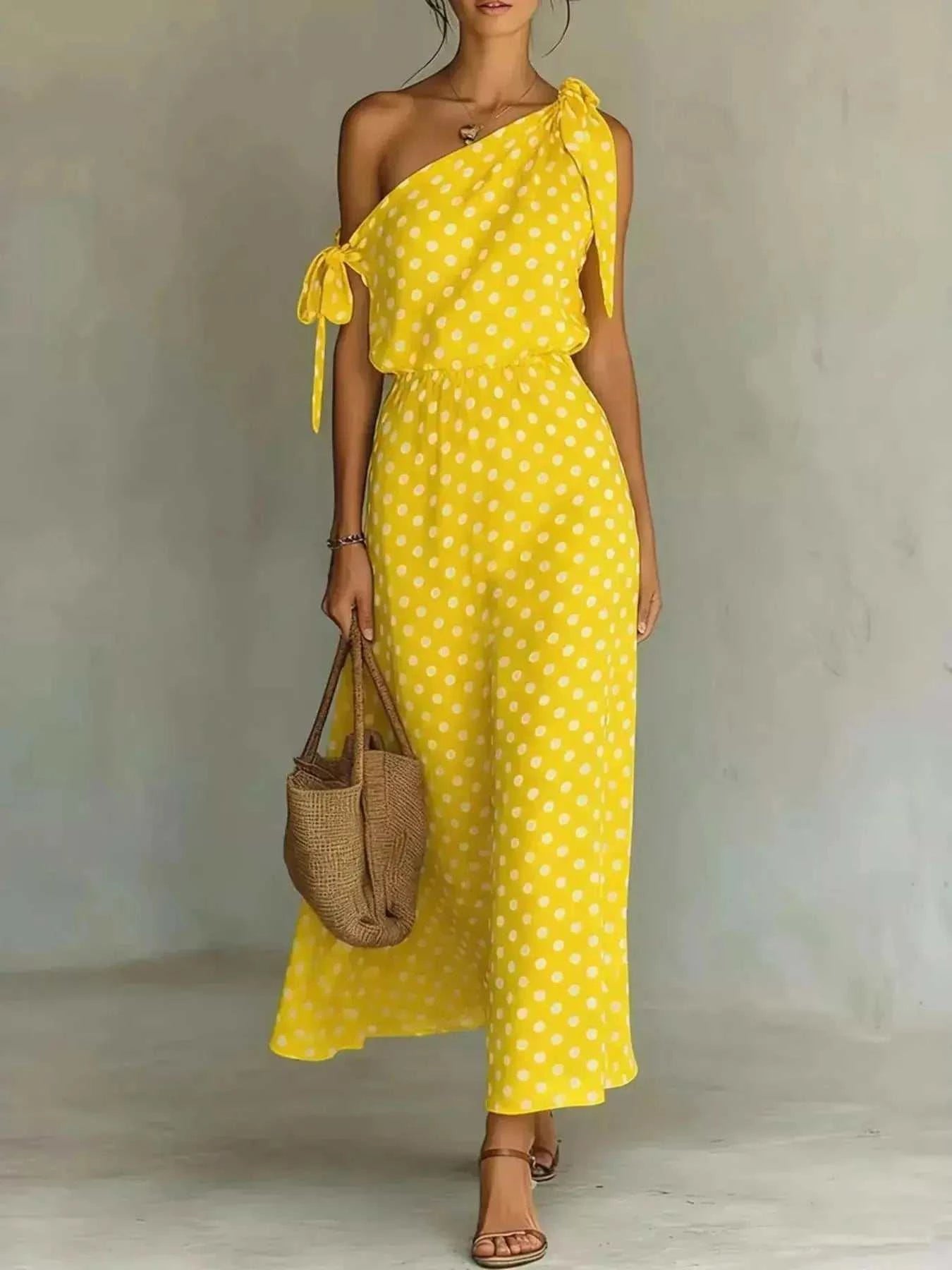 Full Size Polka Dot One-Shoulder Maxi Dress Plus Size - GlowUp Garments