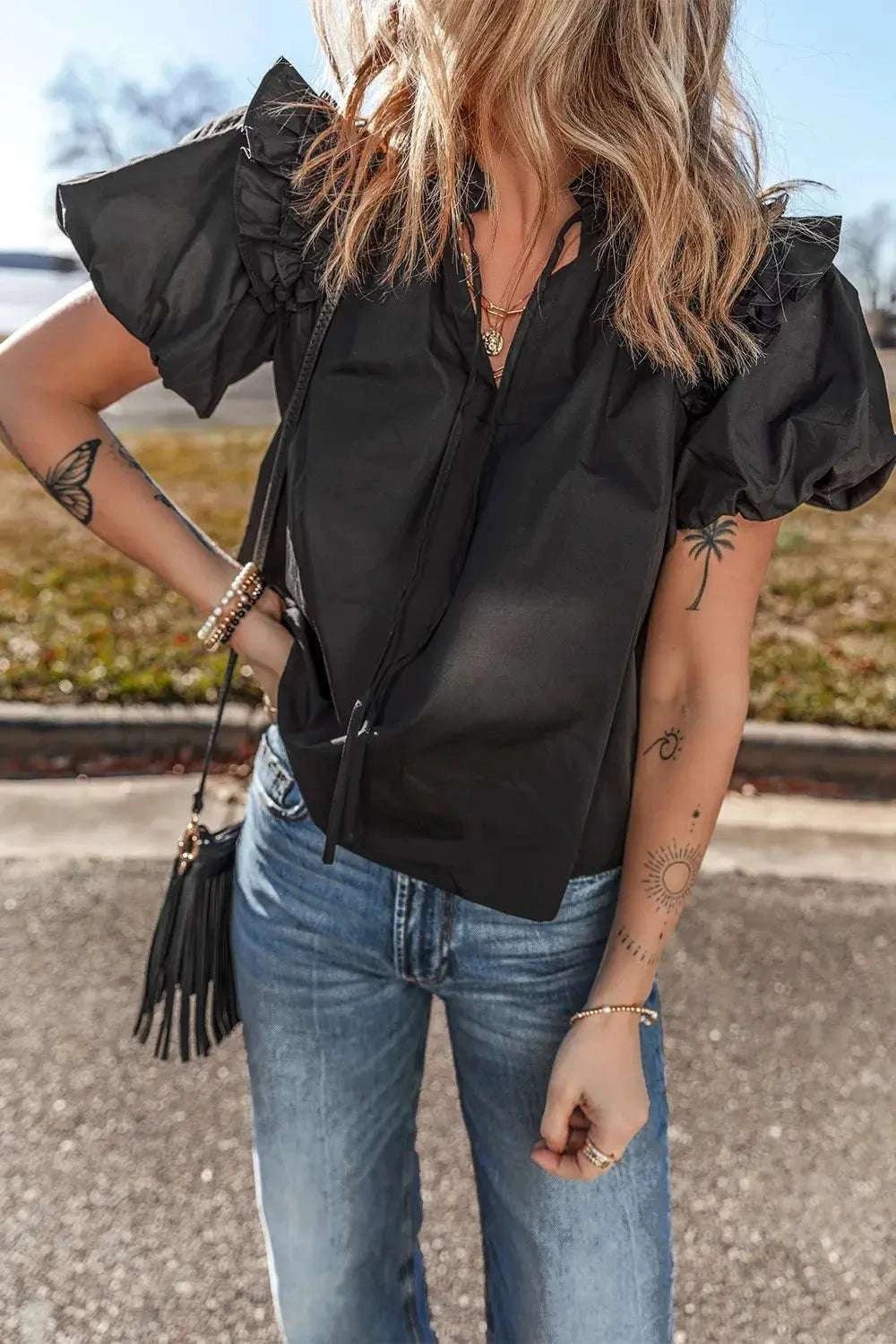 Ruffled Puff Short Sleeve Loose Blouse - GlowUp Garments