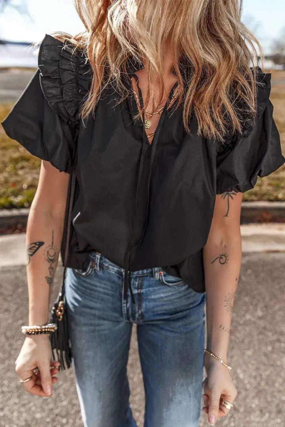 Ruffled Puff Short Sleeve Loose Blouse - GlowUp Garments