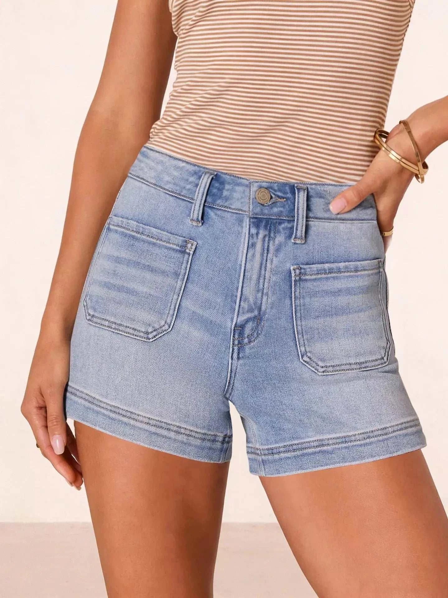 High-Waisted Pocketed Denim Shorts - GlowUp Garments