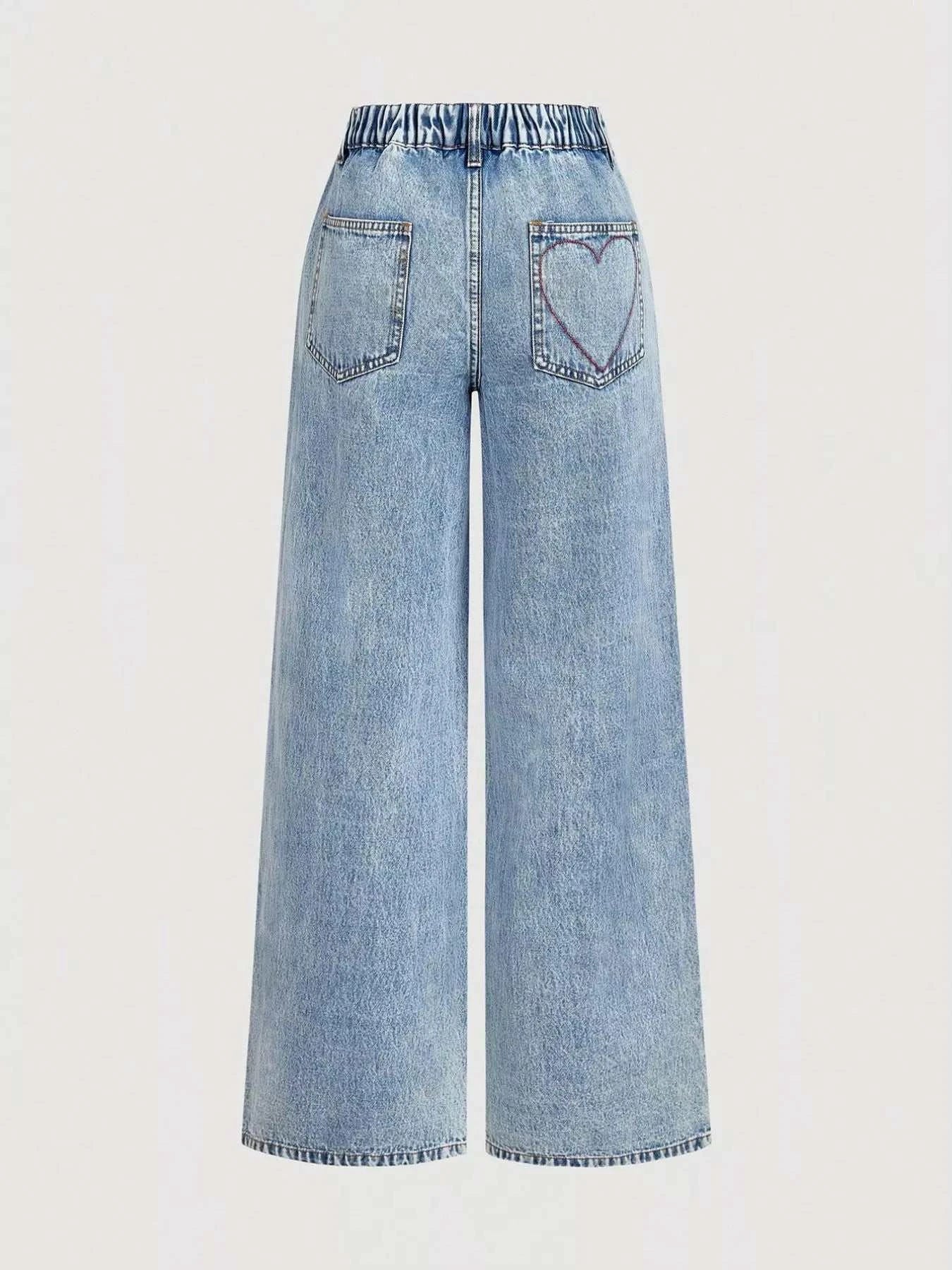 Embroidered Heart Wide-Leg Jeans - GlowUp Garments