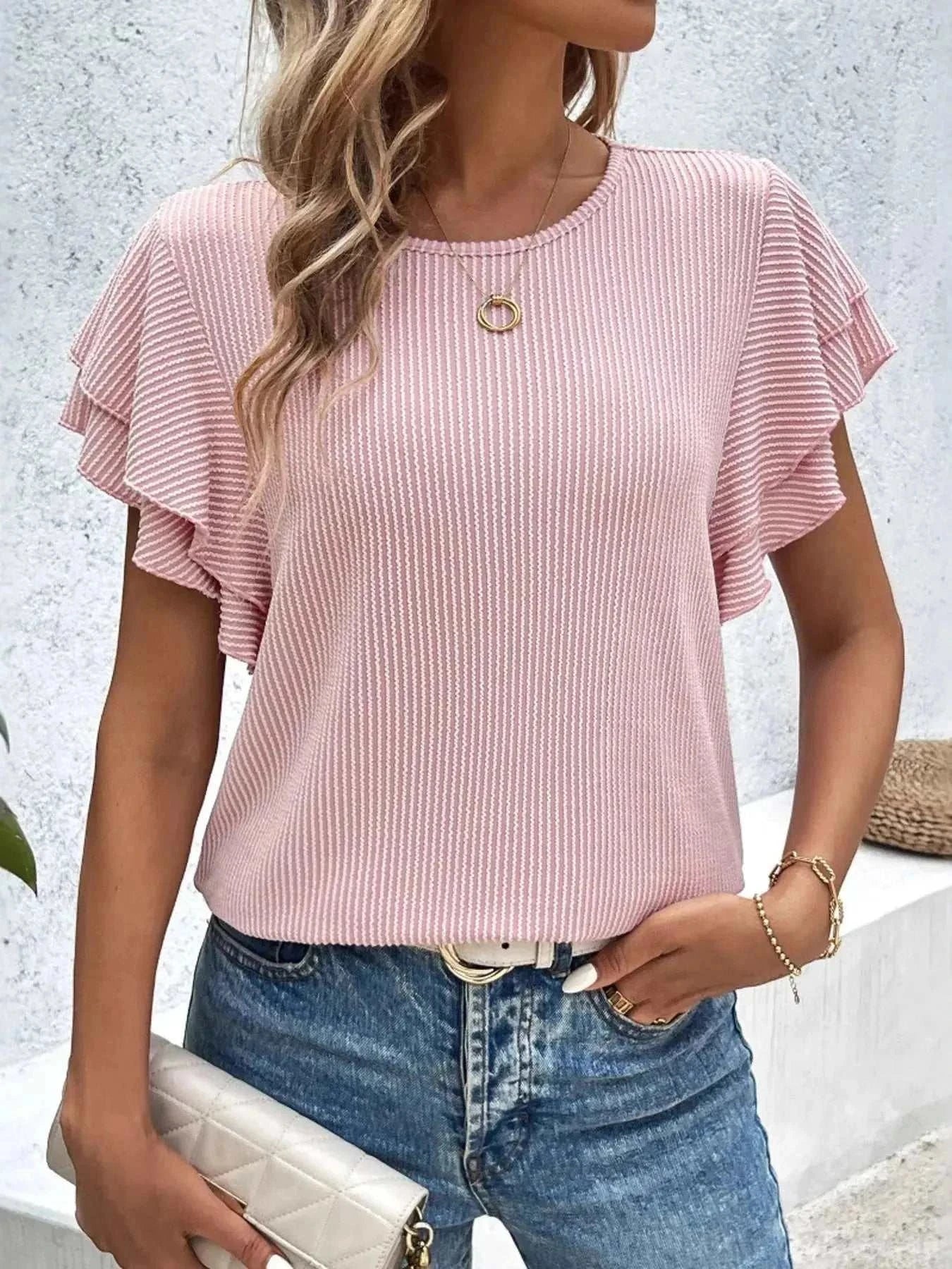 Ribbed Flutter Sleeve T-Shirt - GlowUp Garments