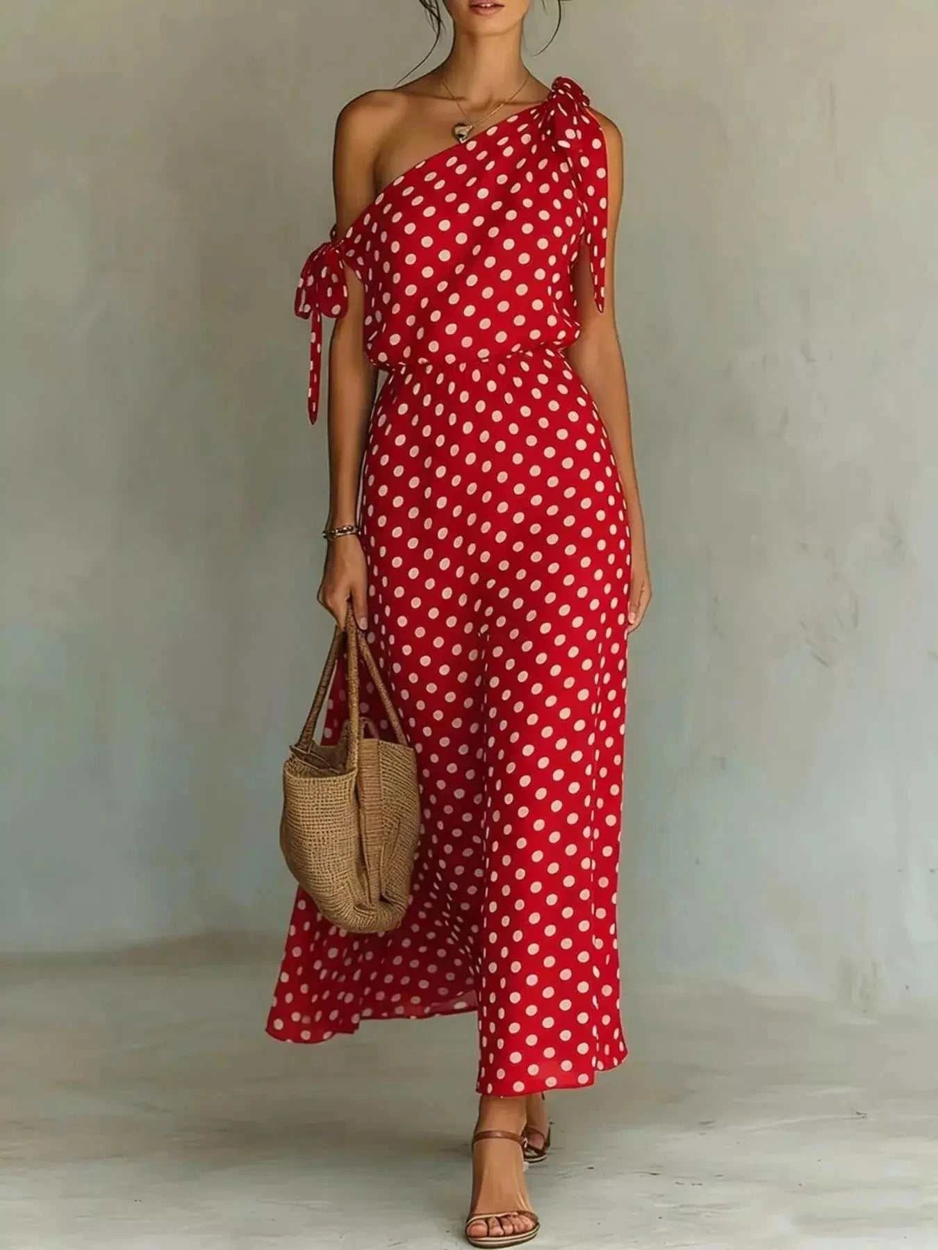 Full Size Polka Dot One-Shoulder Maxi Dress Plus Size - GlowUp Garments