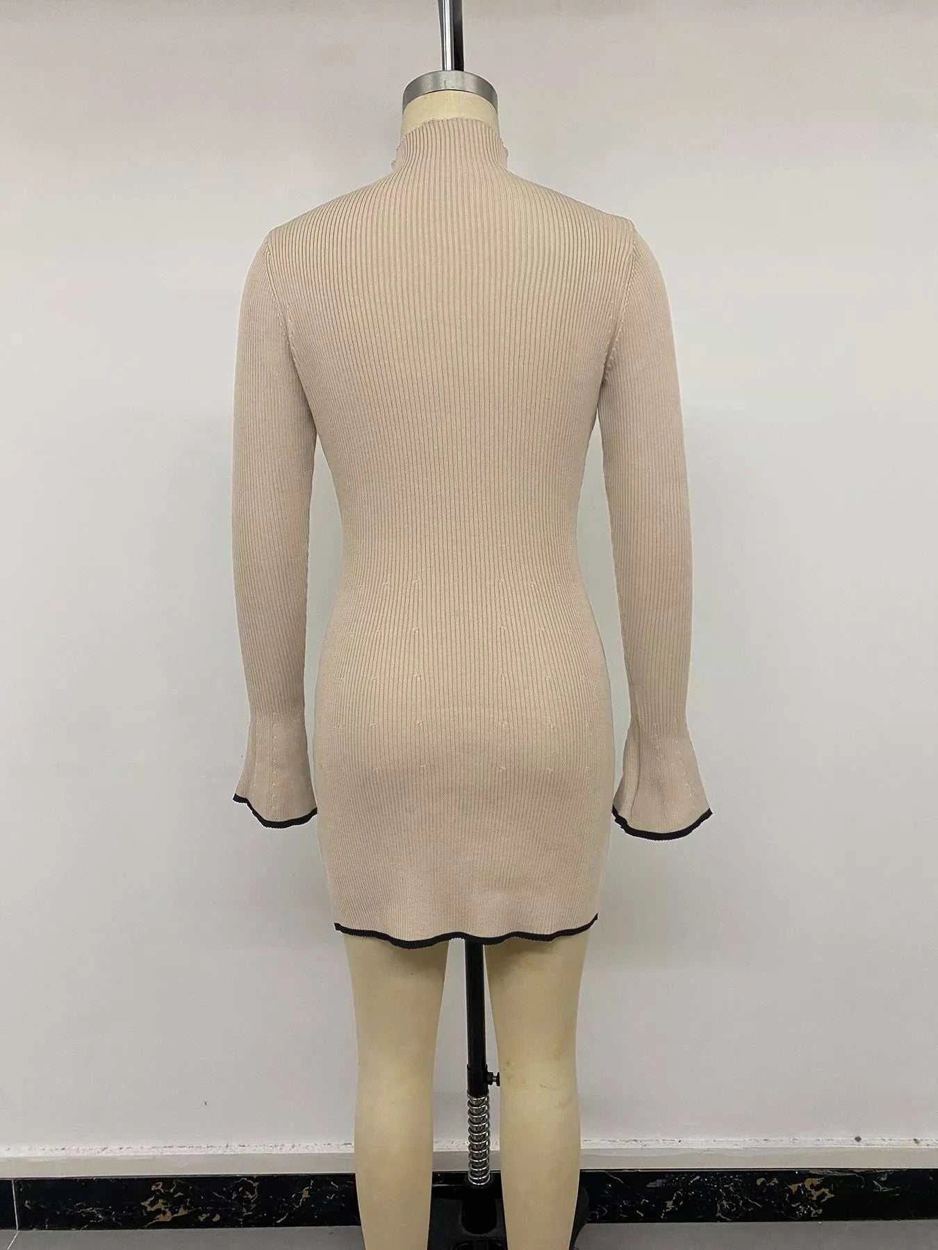 Ribbed Mock Neck Flare Sleeve Sweater Dress - GlowUp Garments