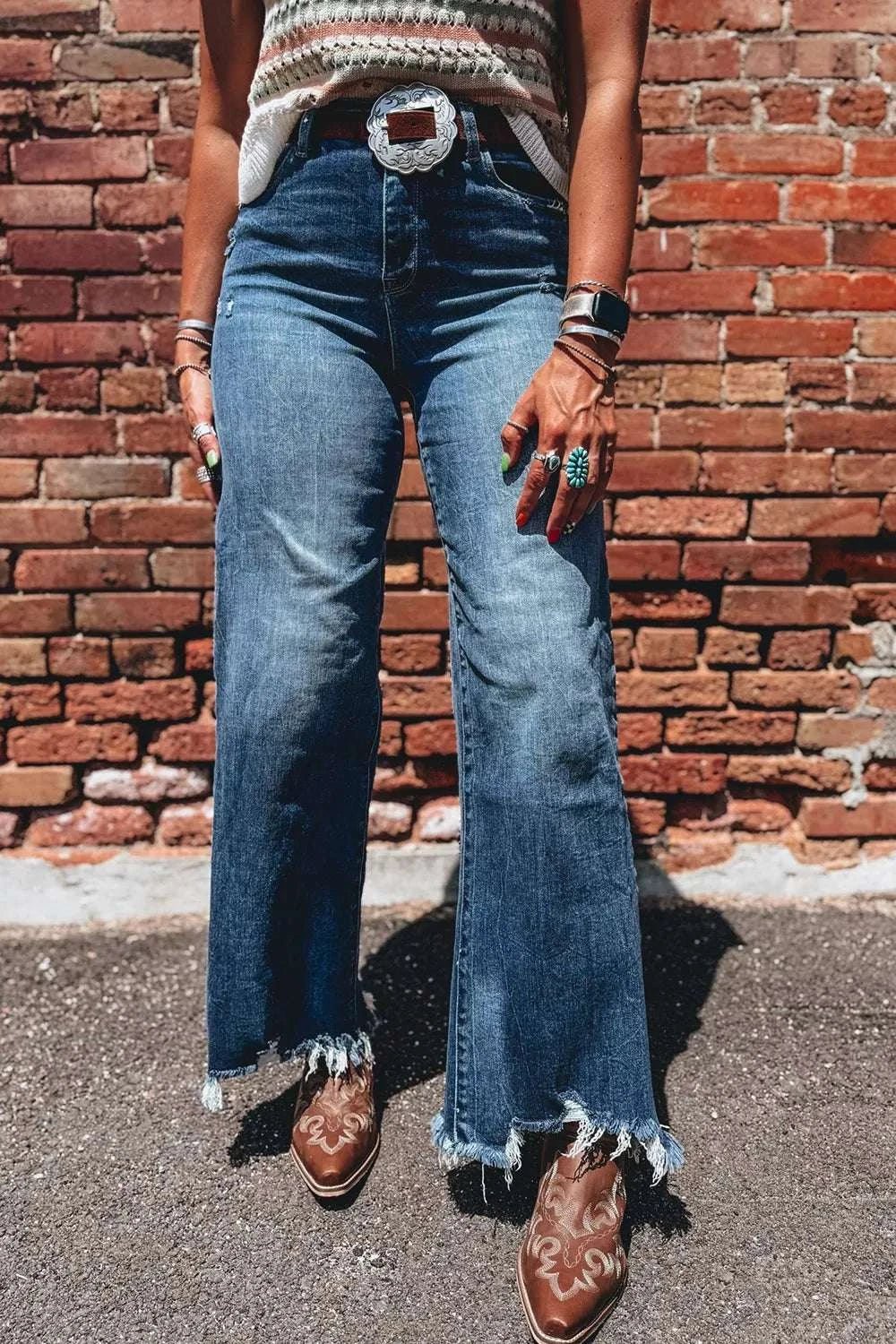 High Waist Frayed Hem Flare Jeans - GlowUp Garments