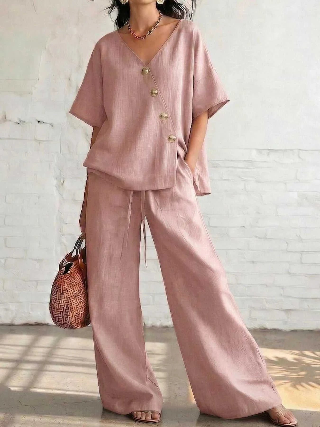 Full Size Surplice Half Sleeve Top and Wide-Leg Pants Set Plus Size - GlowUp Garments