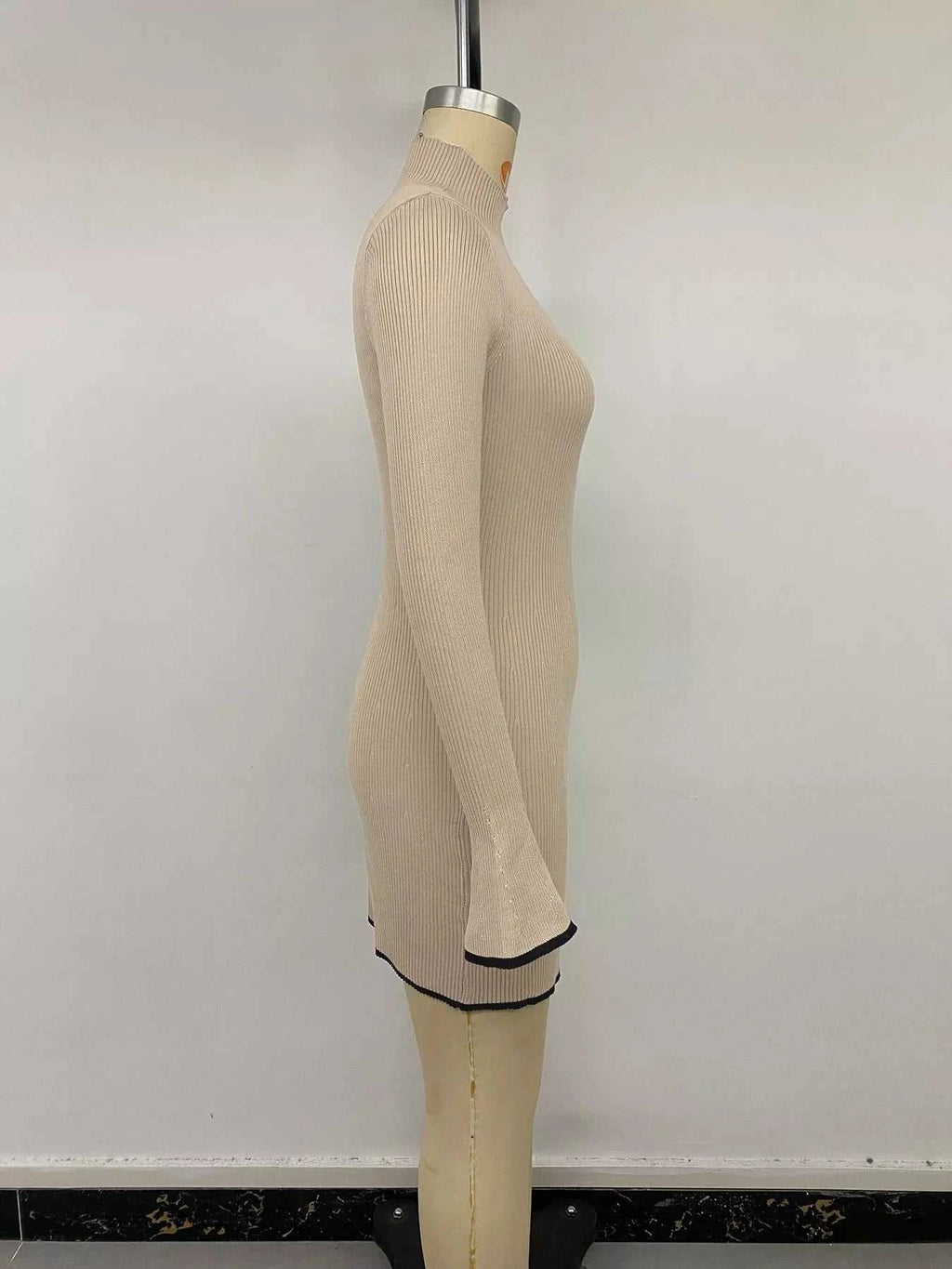 Ribbed Mock Neck Flare Sleeve Sweater Dress - GlowUp Garments