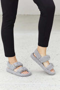 Qupid Cozy Atmosphere Faux Fur Buckled Sandals in Grey - GlowUp Garments