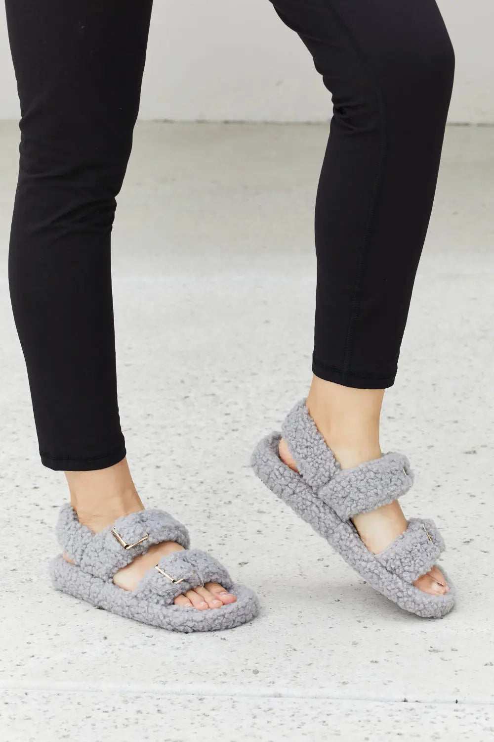 Qupid Cozy Atmosphere Faux Fur Buckled Sandals in Grey - GlowUp Garments