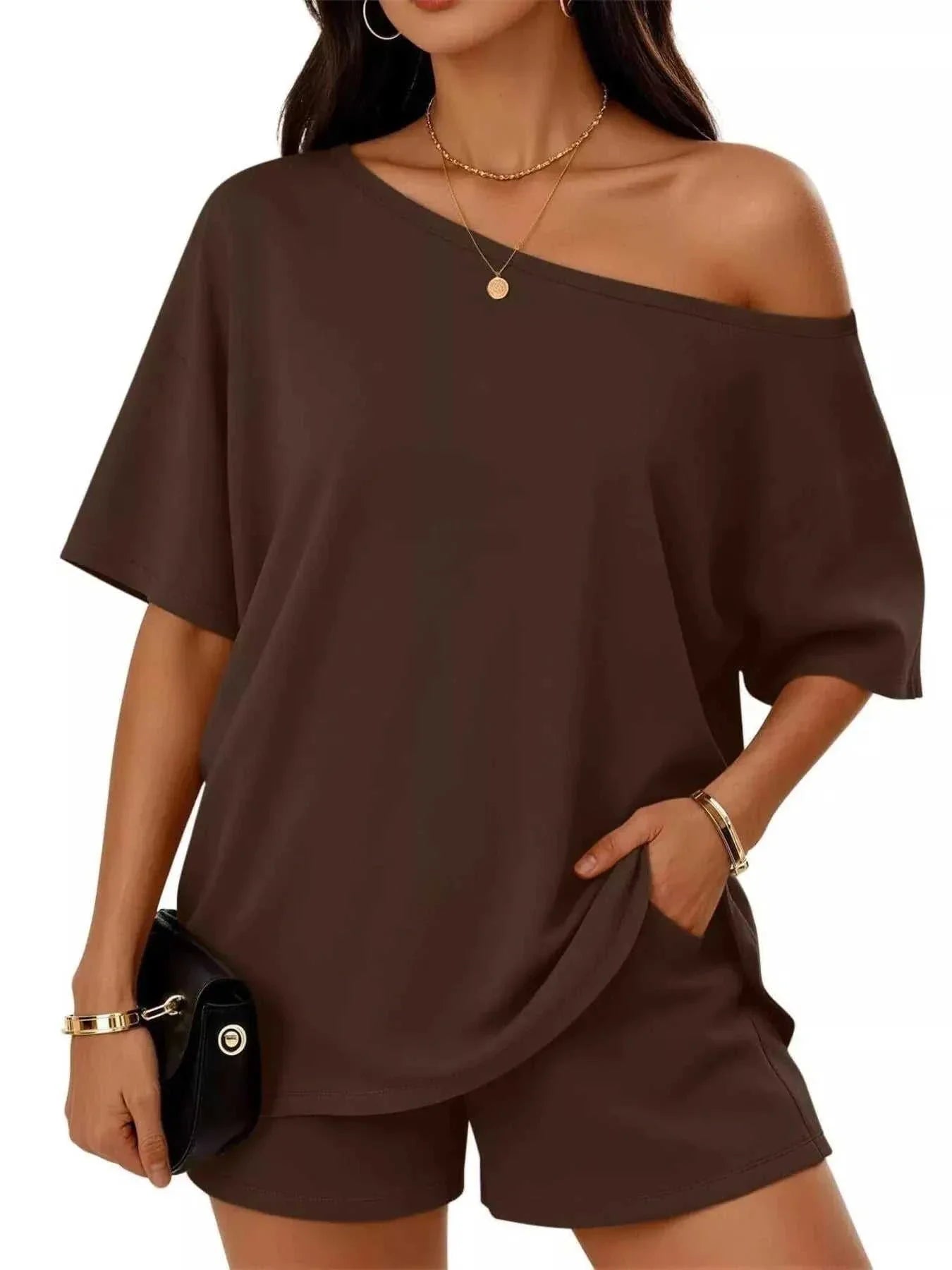 Full Size One Shoulder Top and Shorts Set Plus Size - GlowUp Garments