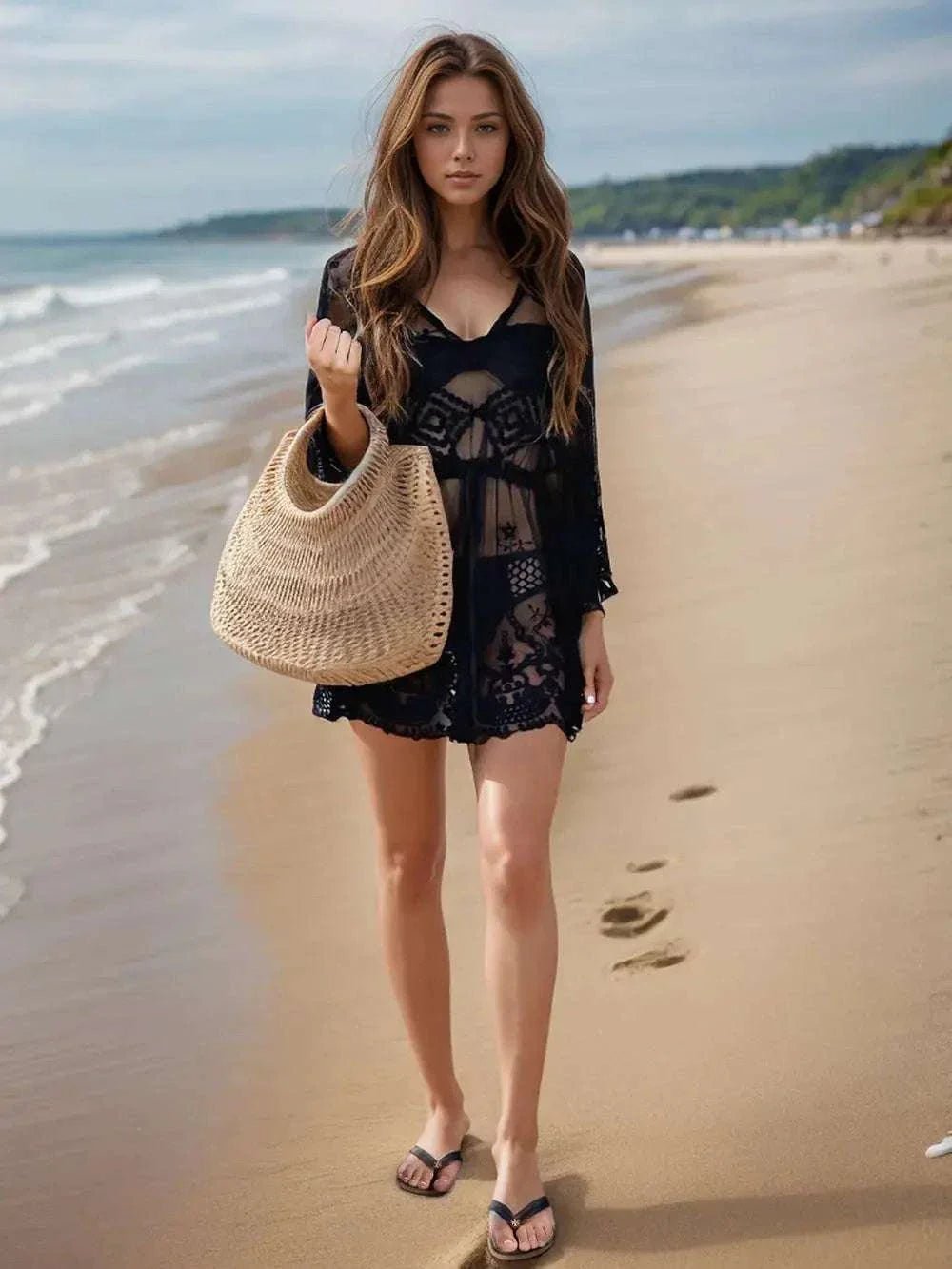 Lace V-Neck Three-Quarter Sleeve Cover Up - GlowUp Garments