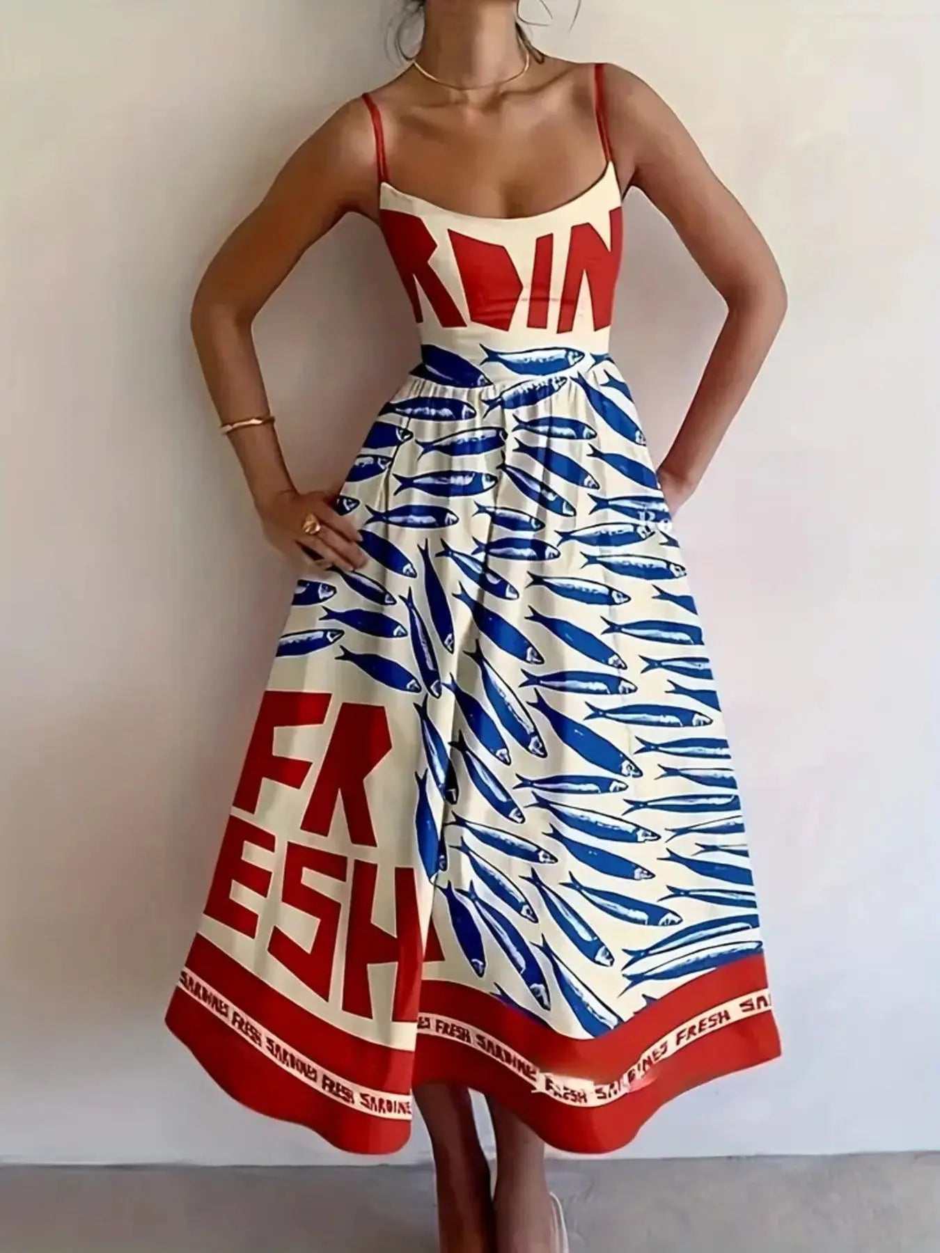 Sardine Print Spaghetti Strap Midi Dress - GlowUp Garments