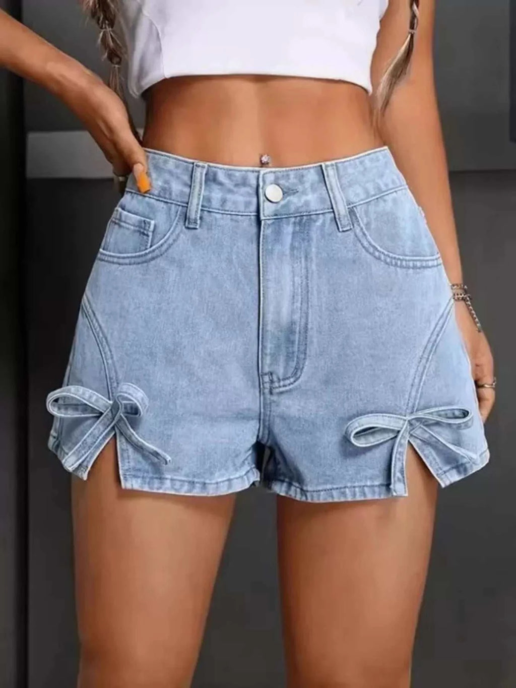 Bow High Waist Denim Shorts - GlowUp Garments