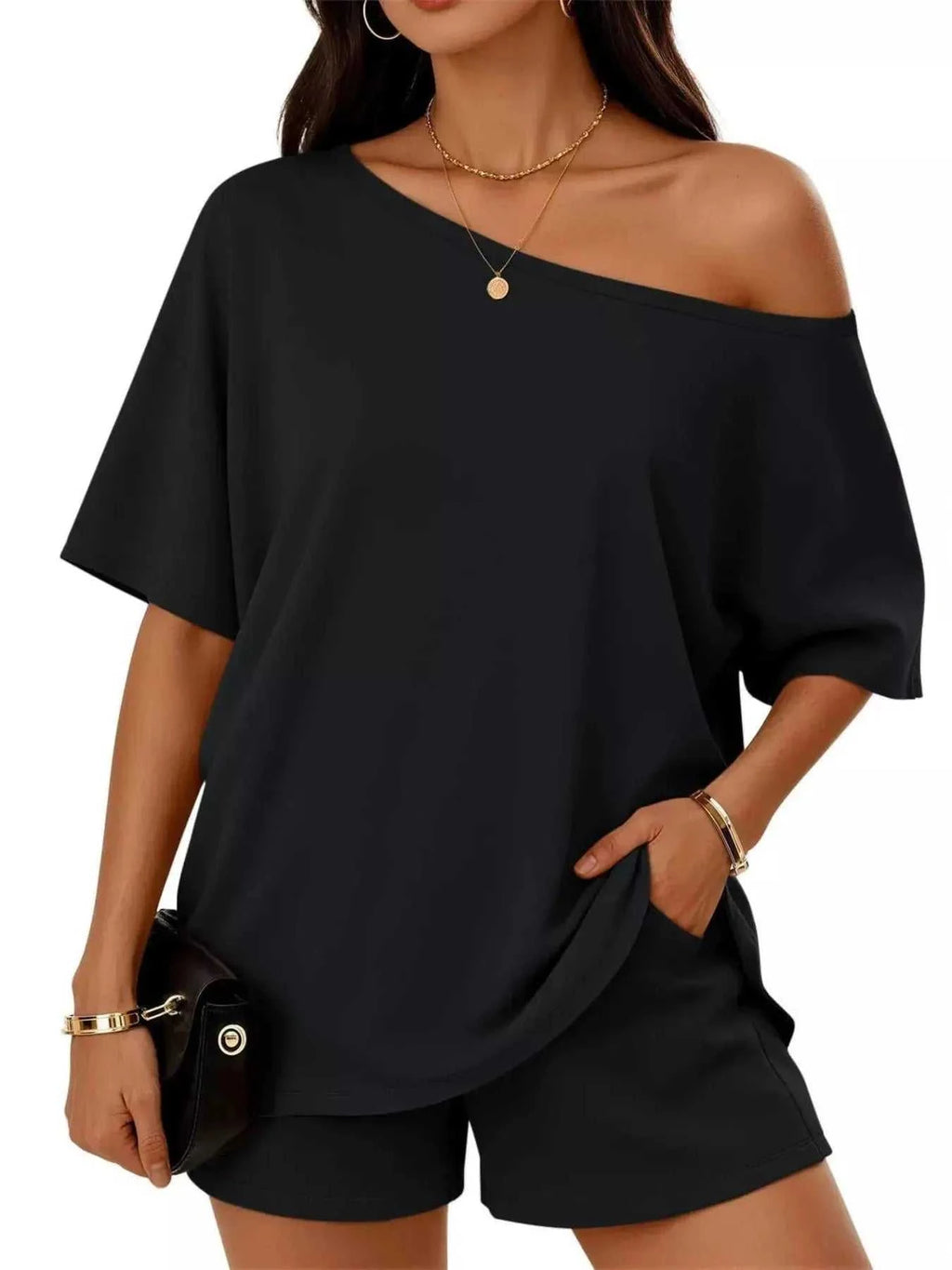 Full Size One Shoulder Top and Shorts Set Plus Size - GlowUp Garments