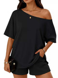 Full Size One Shoulder Top and Shorts Set Plus Size - GlowUp Garments