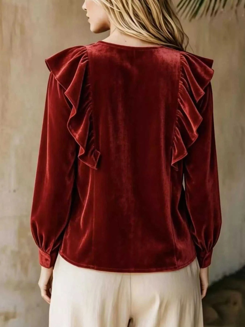 Full Size Ruffled V-Neck Long Sleeve Blouse Plus Size - GlowUp Garments