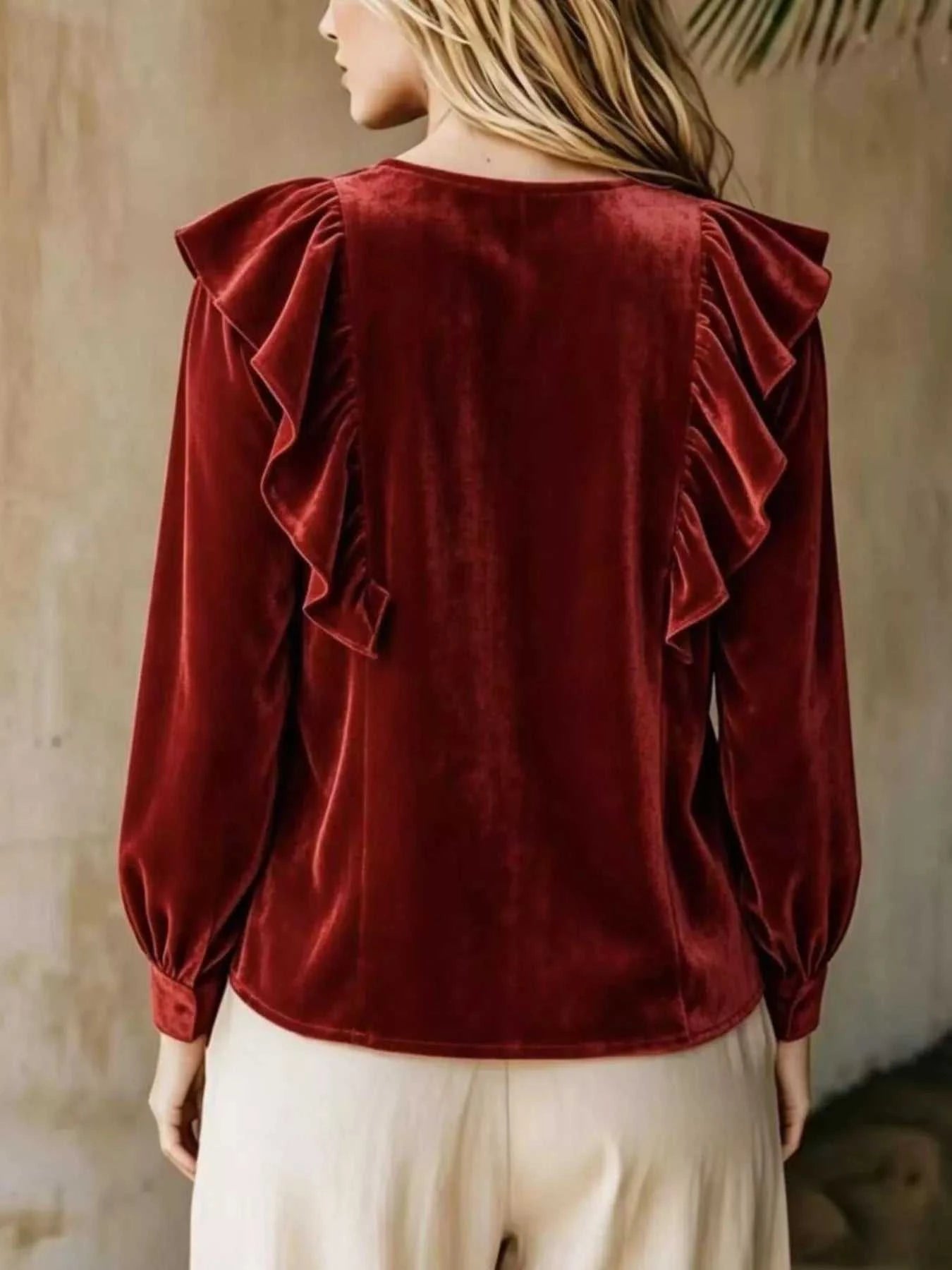 Full Size Ruffled V-Neck Long Sleeve Blouse Plus Size - GlowUp Garments