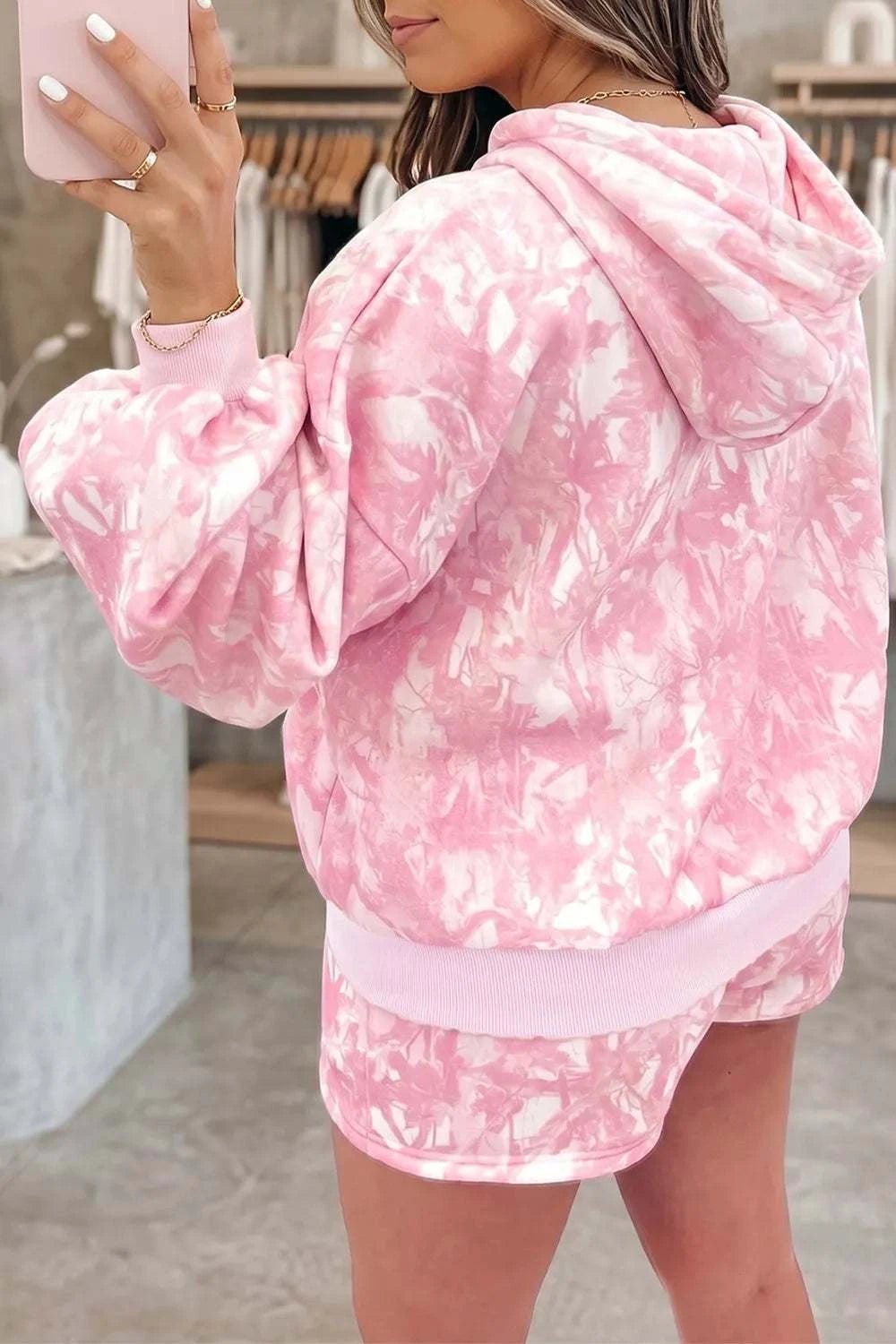 Abstract Print Loose Hoodie Slim Shorts 2pcs Set - GlowUp Garments