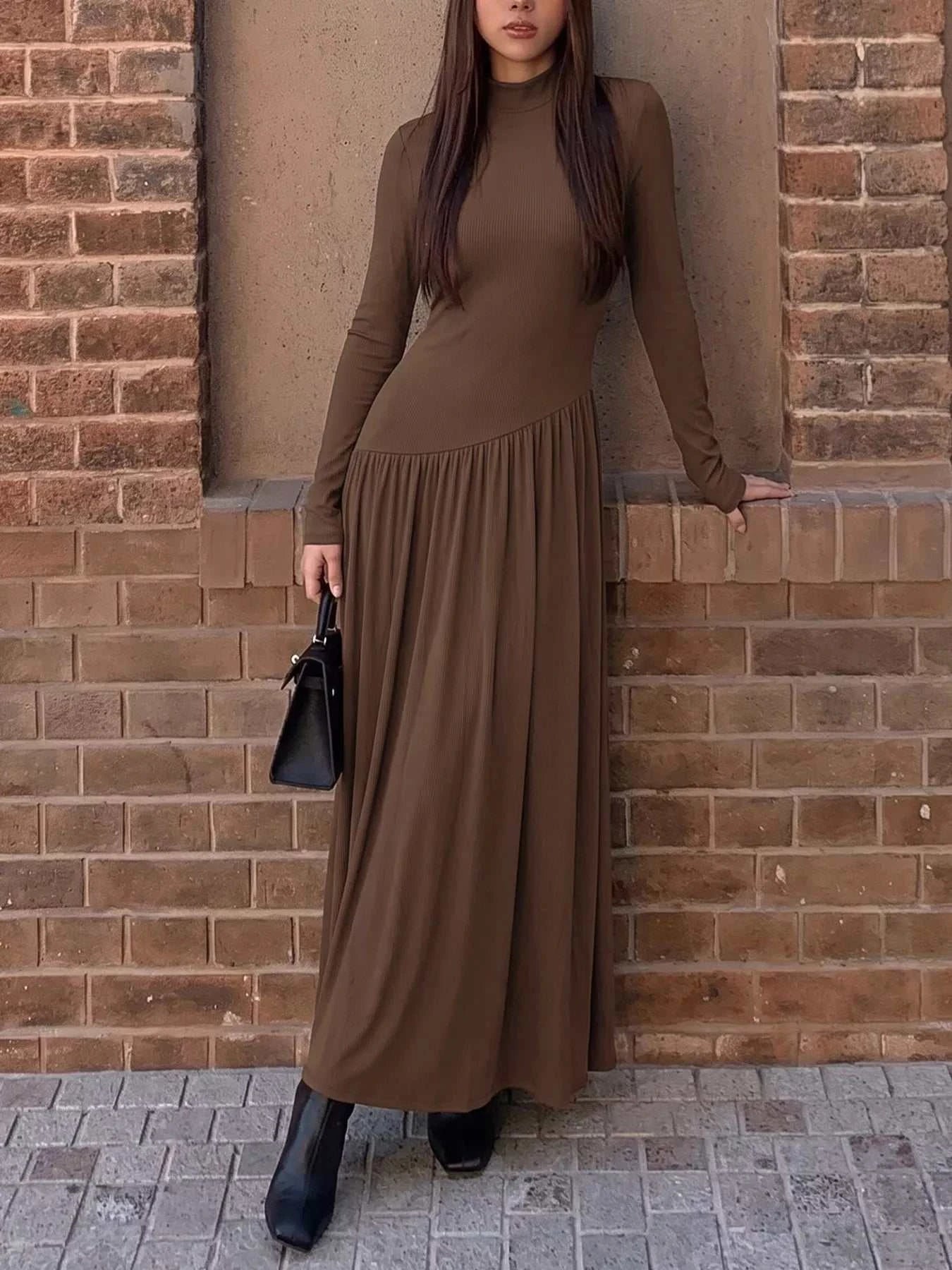 Mock Neck Long Sleeve Midi Dress - GlowUp Garments