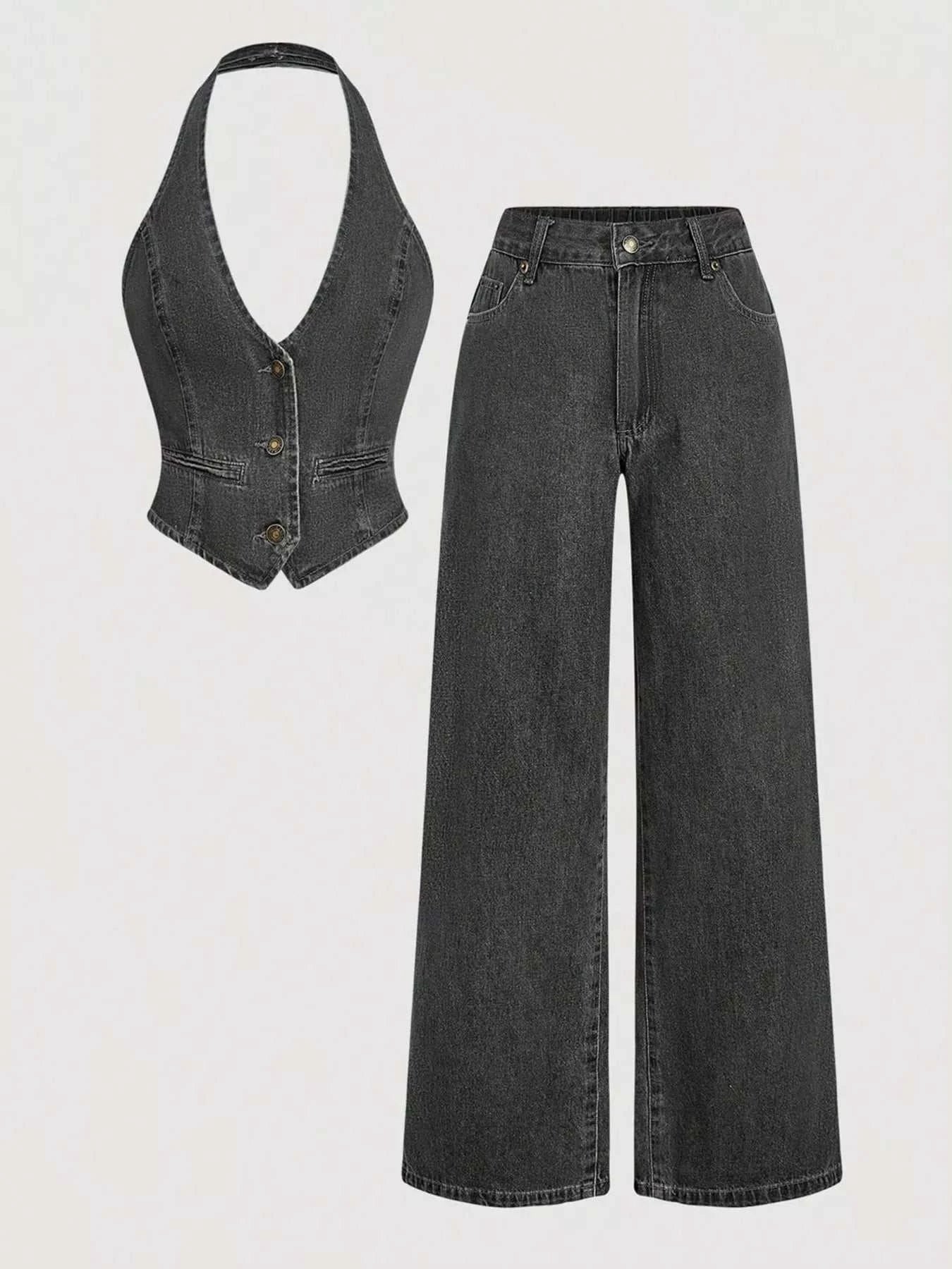 Halter Neck Denim Vest and Wide-Leg Jeans Set - GlowUp Garments