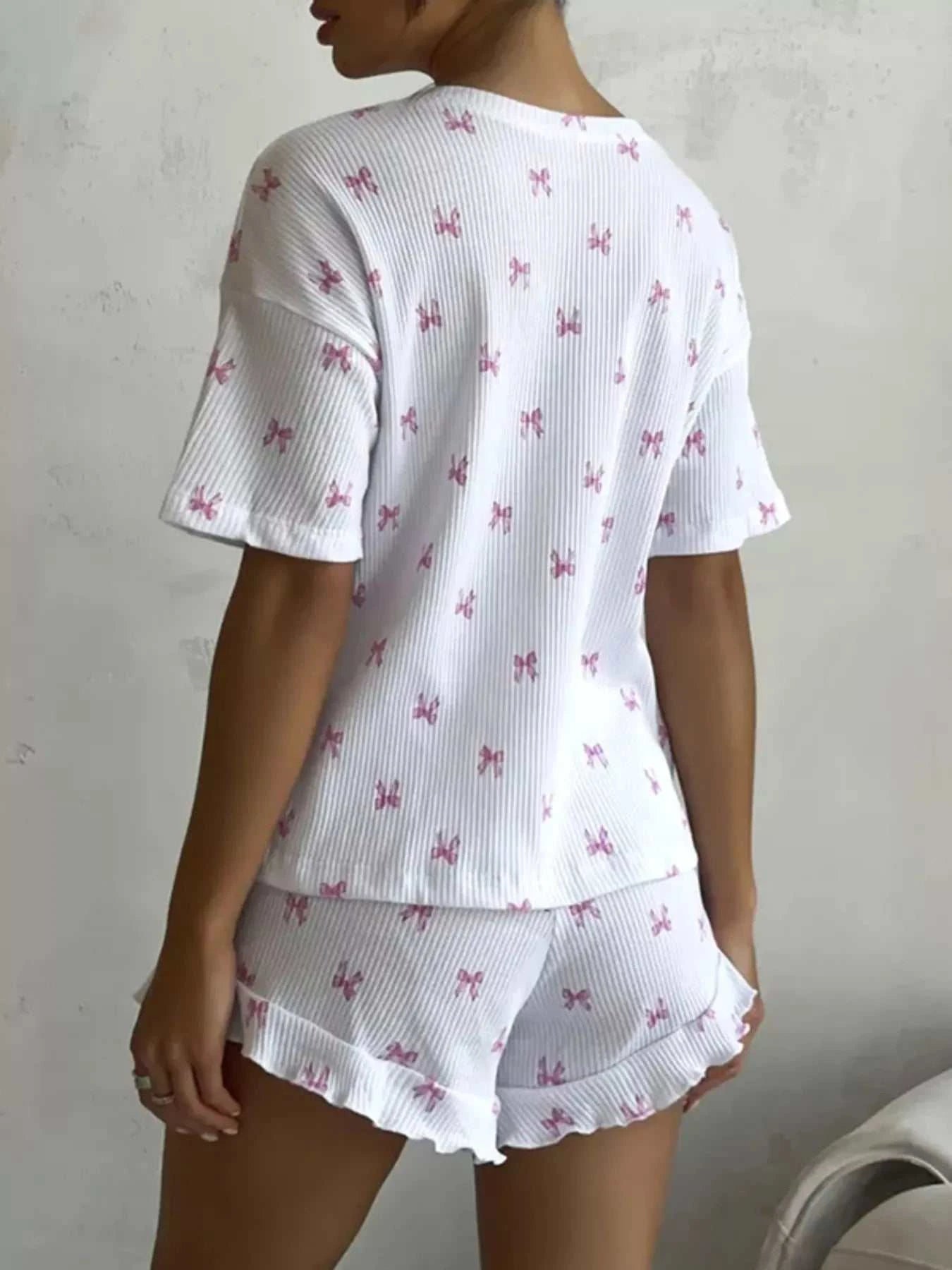 Ribbed Knit Bow Print Top and Shorts Lounge Set - GlowUp Garments