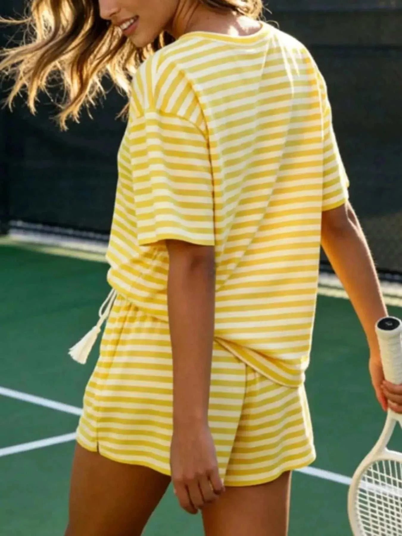 Striped Short Sleeve Tee and Drawstring Shorts Set - GlowUp Garments