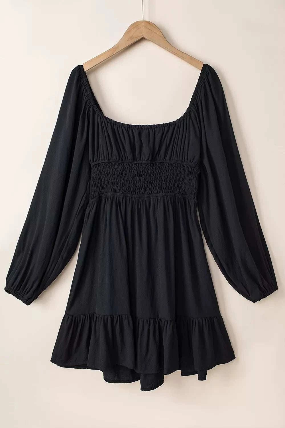 Solid Color Long Sleeve Shirred Drawstring Ruffle Mini Dress - GlowUp Garments