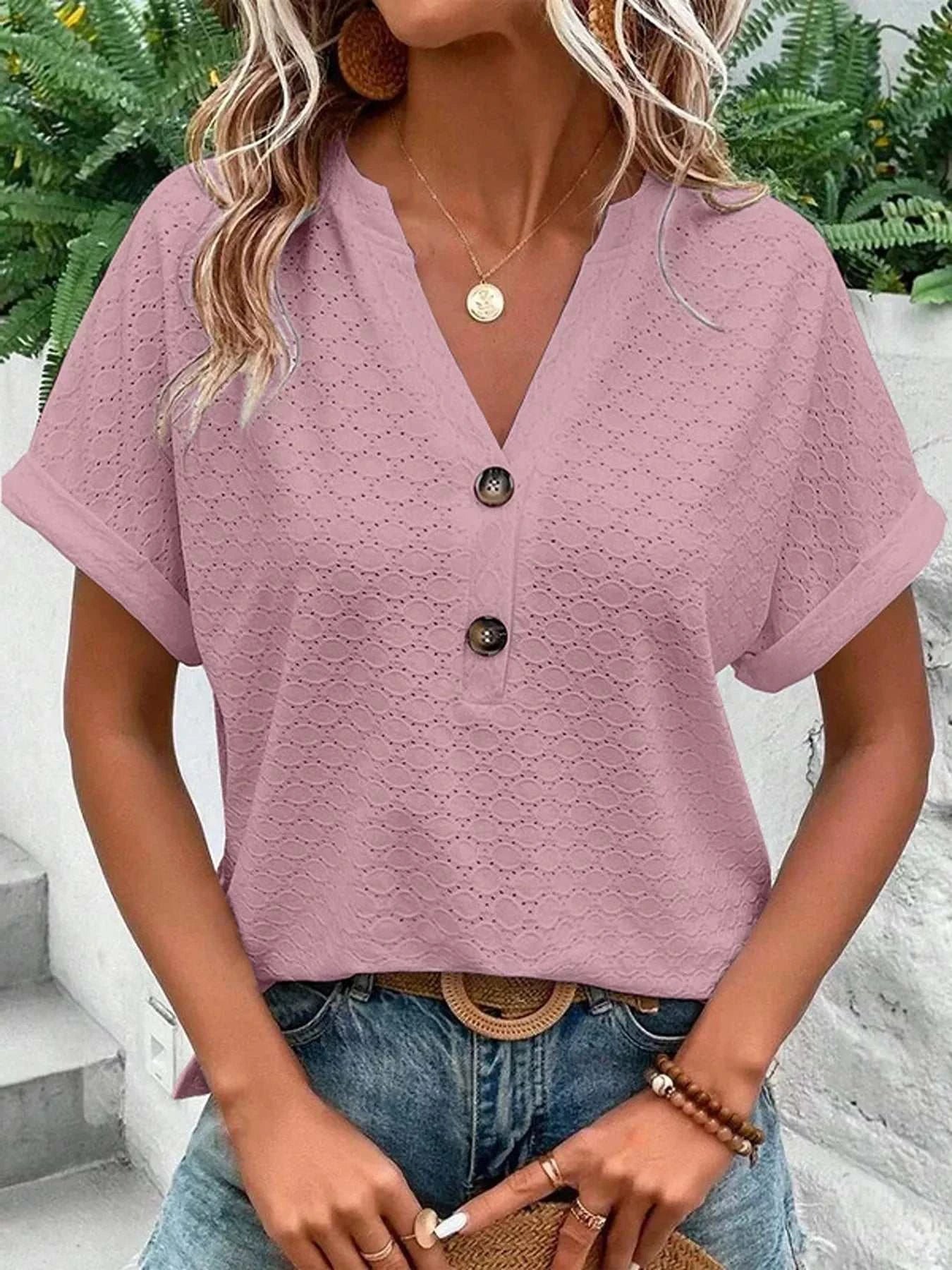 Notched Short Sleeve Top - GlowUp Garments