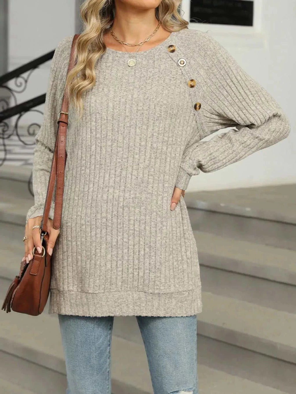 Round Neck Side Slit Ribbed Knit Top with Asymmetric Button Detail - GlowUp Garments