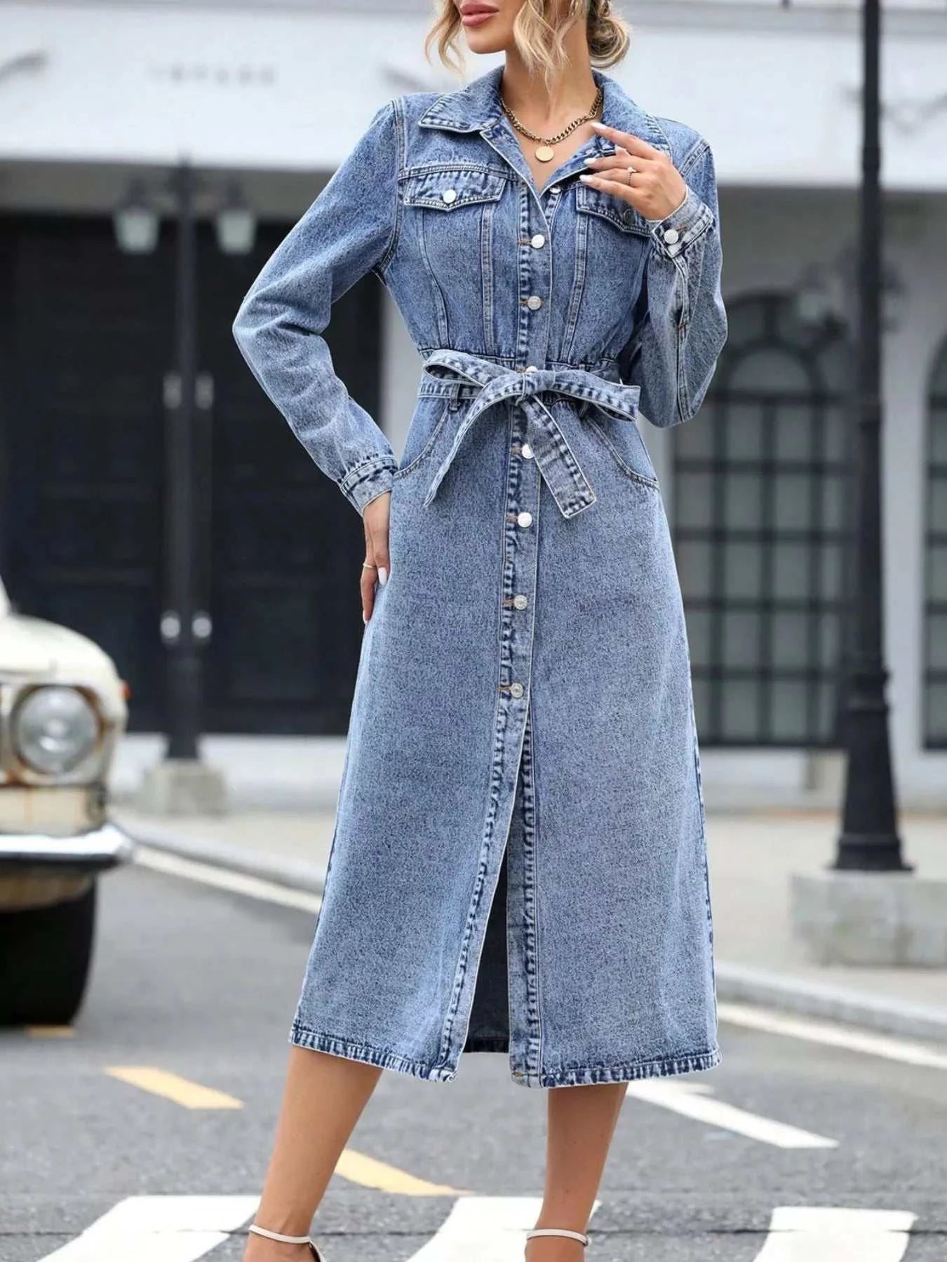 Belted Long Sleeve Denim Dress - GlowUp Garments