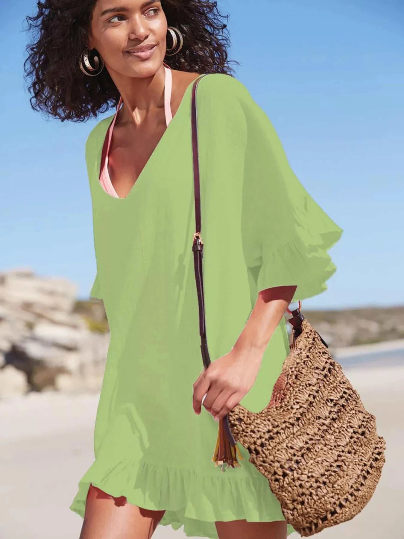 Ruffled Trim V-Neck Cover-Up Dress - GlowUp Garments