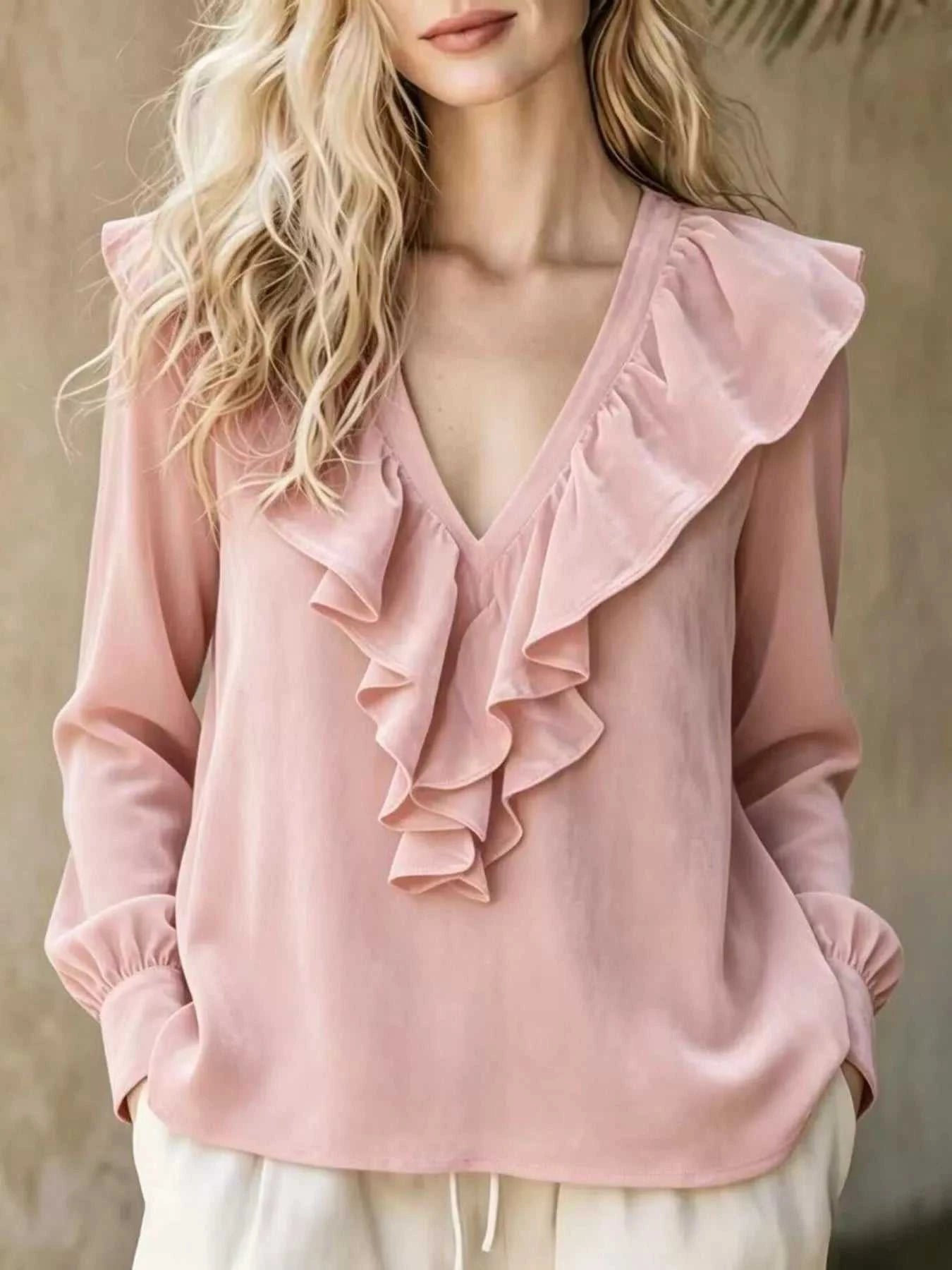 Full Size Ruffled V-Neck Long Sleeve Blouse Plus Size - GlowUp Garments
