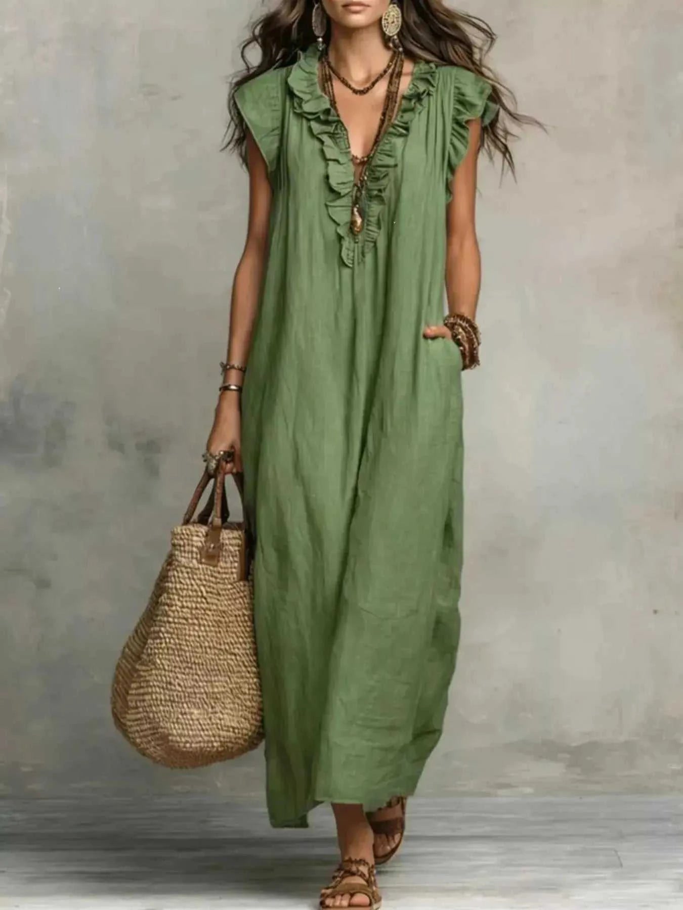 Full Size Ruffled V-Neck Cap Sleeve Maxi Dress Plus Size - GlowUp Garments