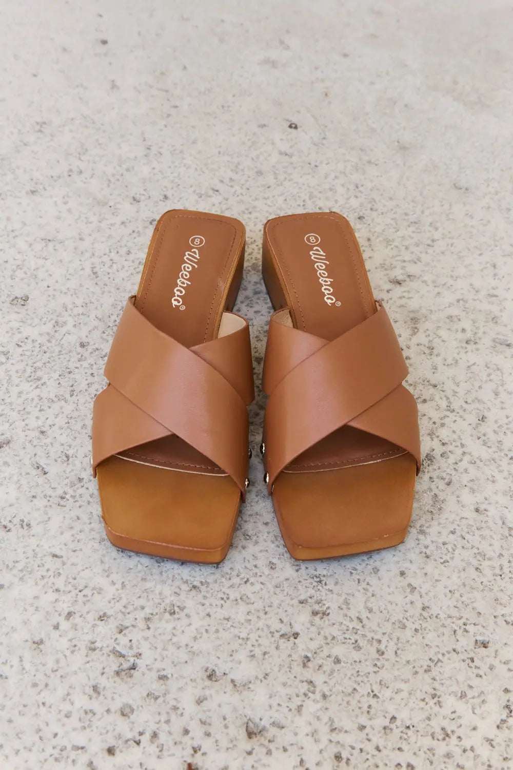 Weeboo Step Into Summer Criss Cross Wooden Clog Mule in Brown - GlowUp Garments